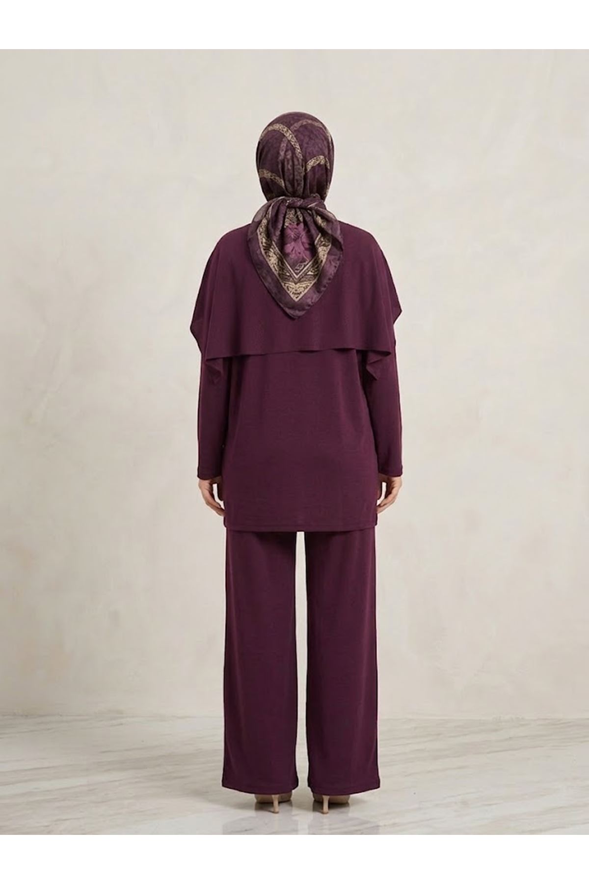 PİT00531-BRD Pelerin Detay  Pantolonlu Pike Takım-Bordo