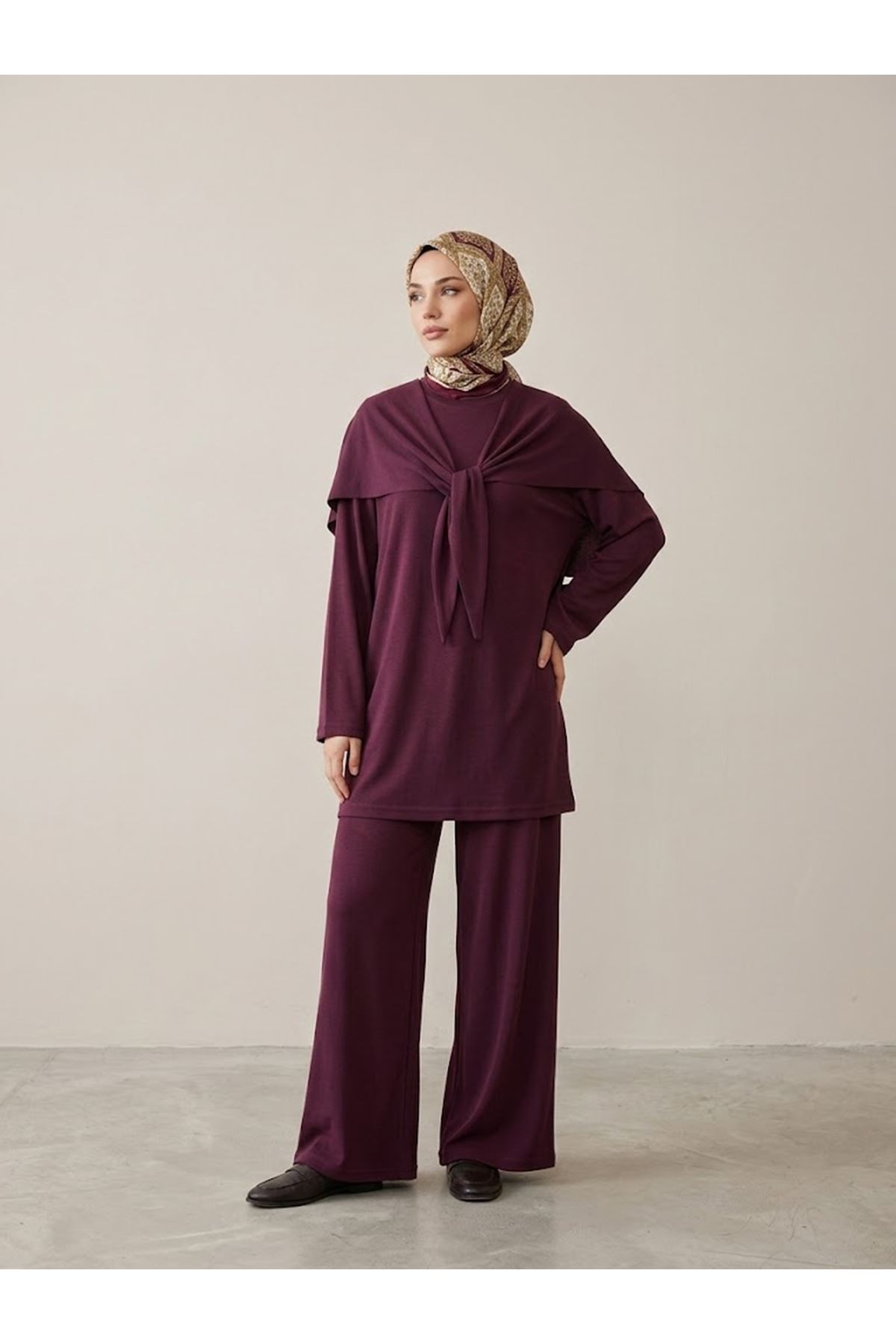 PİT00531-BRD Pelerin Detay  Pantolonlu Pike Takım-Bordo