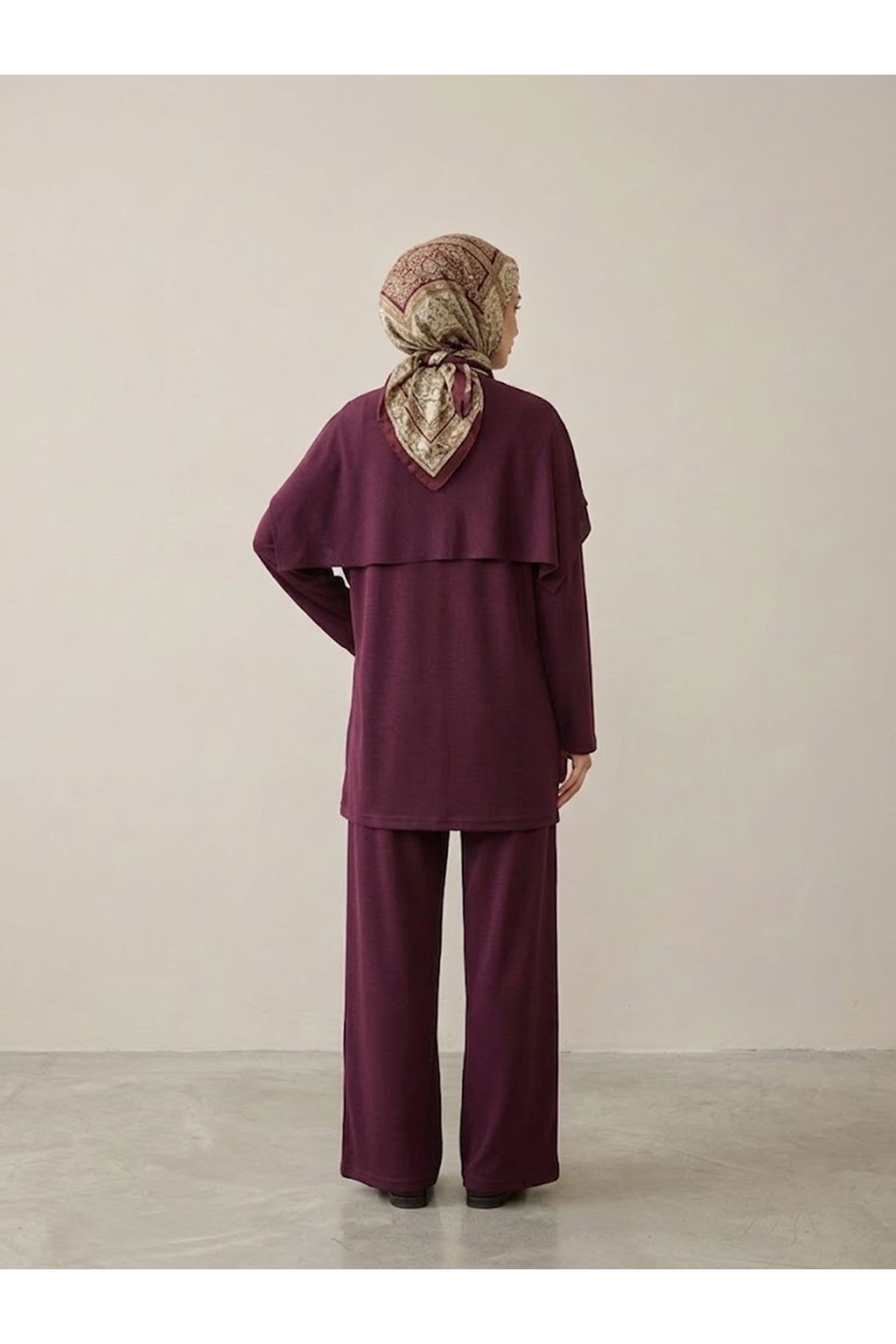 PİT00531-BRD Pelerin Detay  Pantolonlu Pike Takım-Bordo