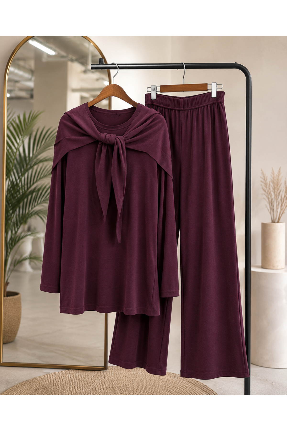 PİT00531-BRD Pelerin Detay  Pantolonlu Pike Takım-Bordo