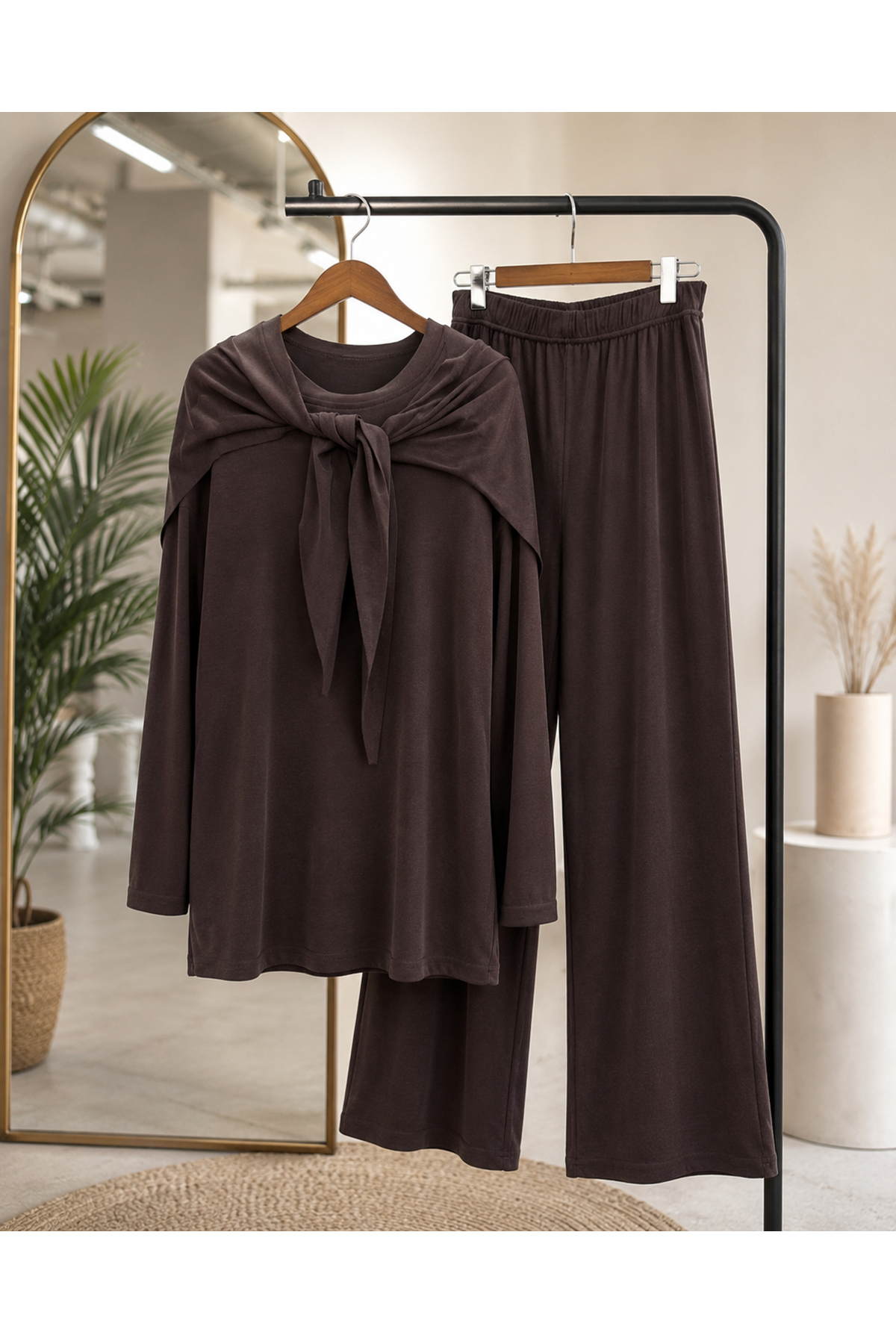 PİT00531-KHV Pelerin Detay  Pantolonlu Pike Takım-Kahve