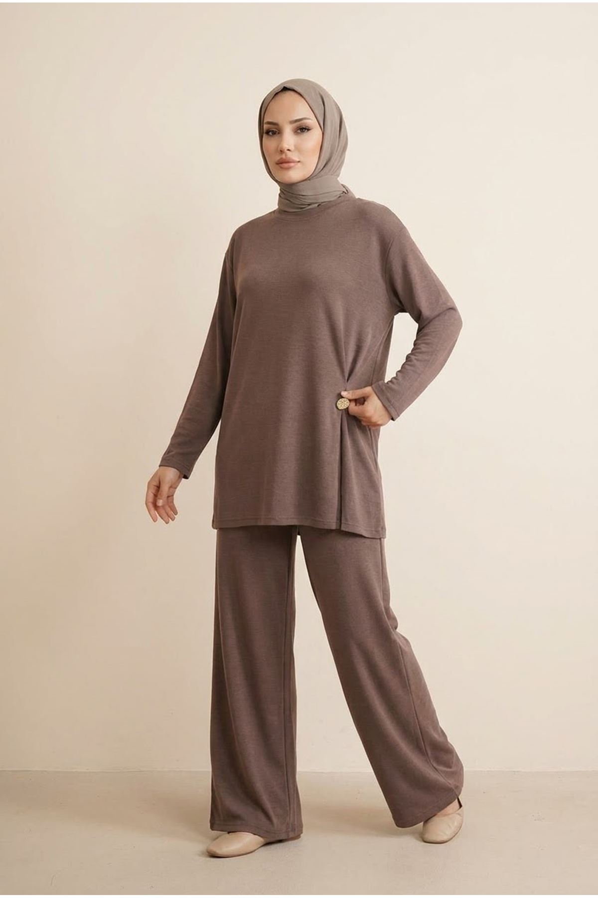 PİT00532-P102 Broş Detay Pantolonlu Takım-Açık Kahve