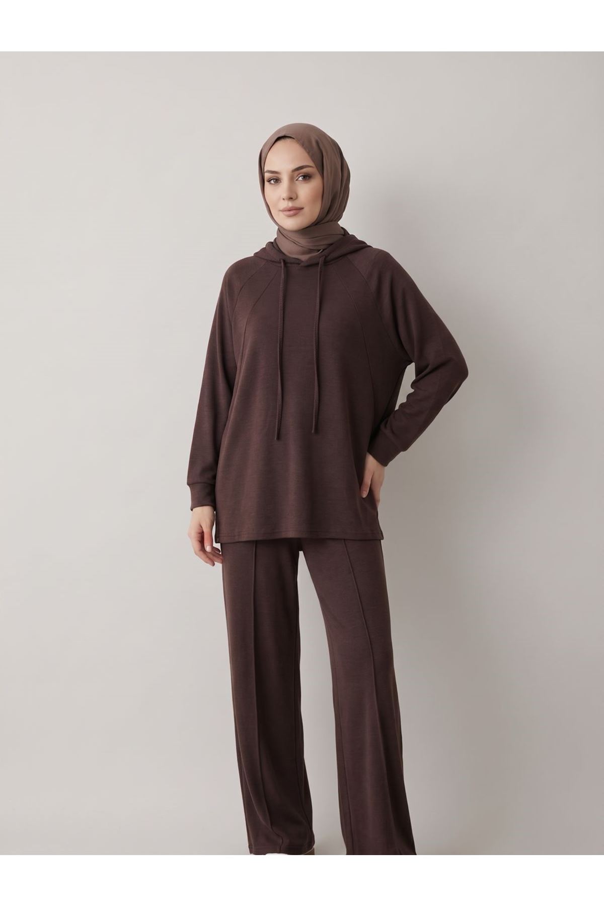 PİT00534-KHV Parçalı Model Kapişonlu Takım-Kahve