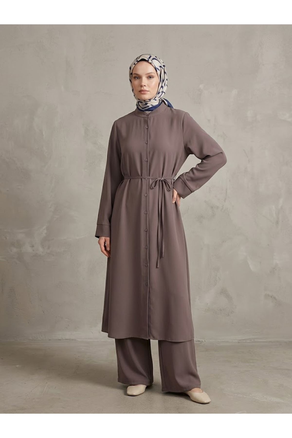 PİT00536-P102 Takma Manşet Hakim Yaka Takım-Açık Kahve