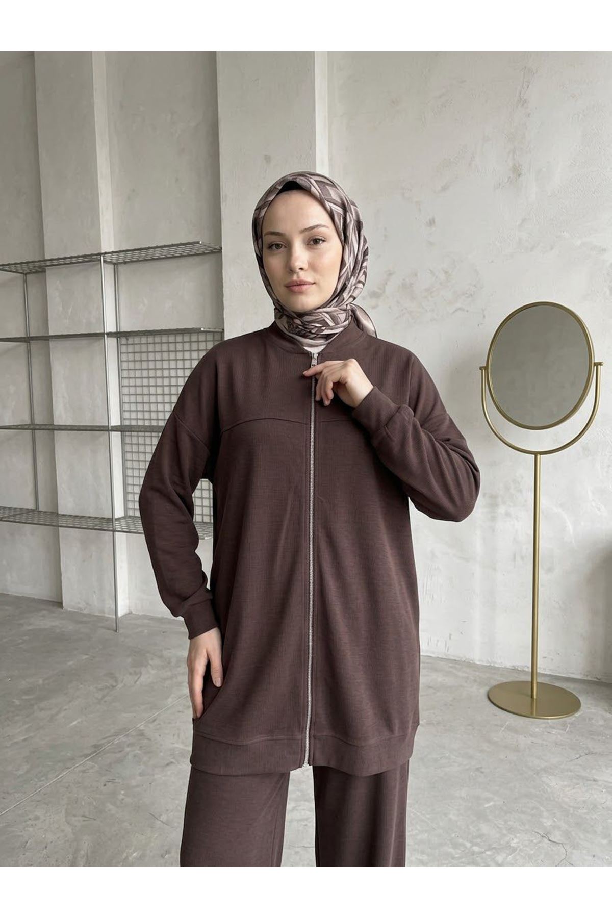 PİT00535-KHV Roba Detay Fermuarlı Takım-Kahve