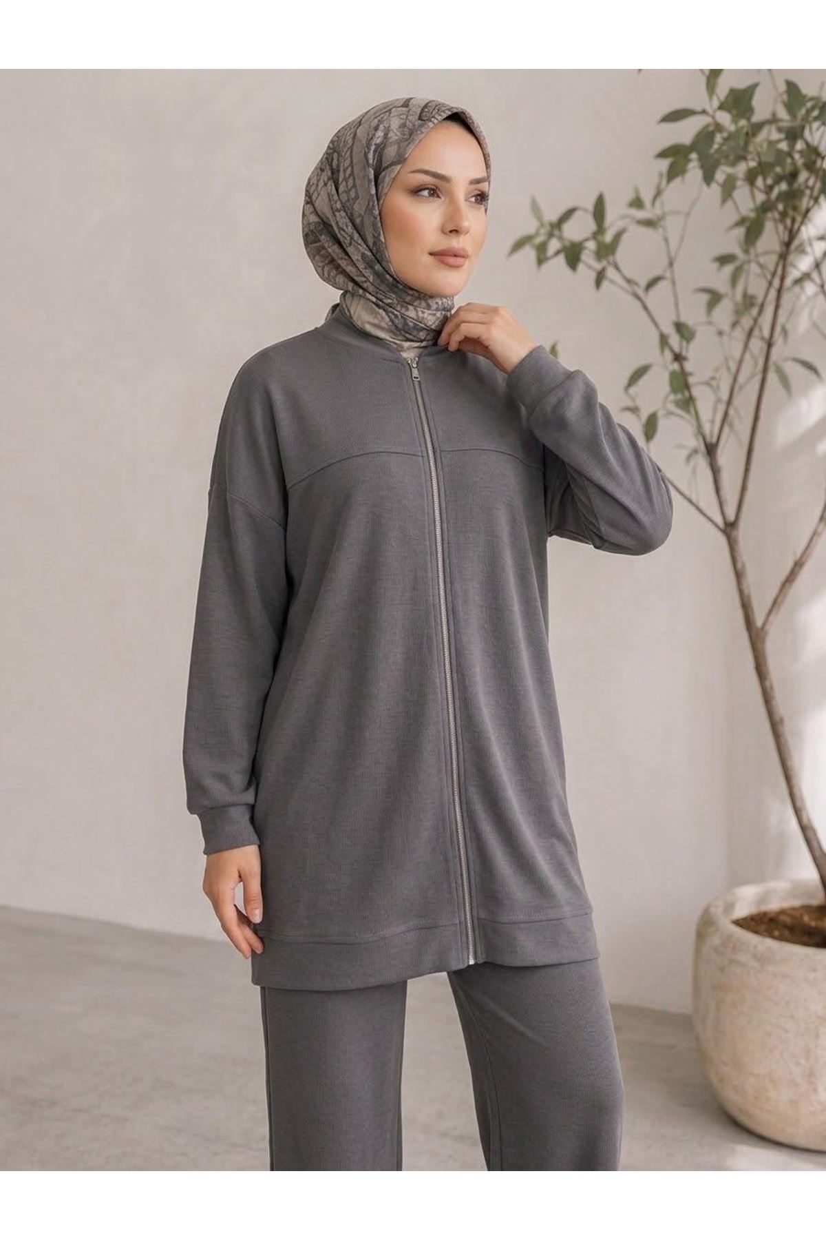 PİT00535-GRN Roba Detay Fermuarlı Takım-Gri