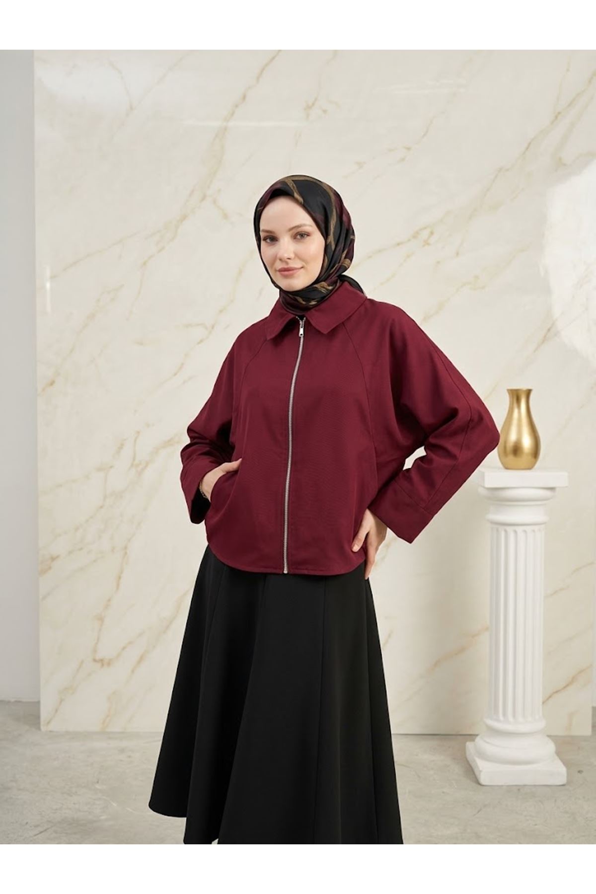 CKT01793-BRD Fermuarlı Cepli Panço-Bordo
