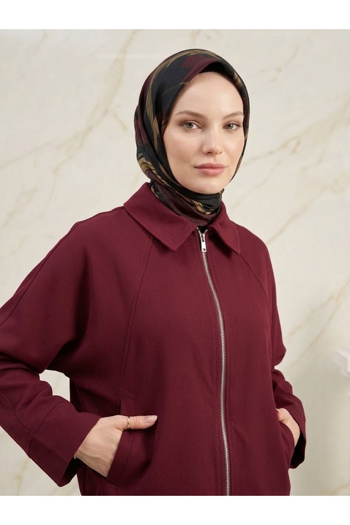 CKT01793-BRD Fermuarlı Cepli Panço-Bordo