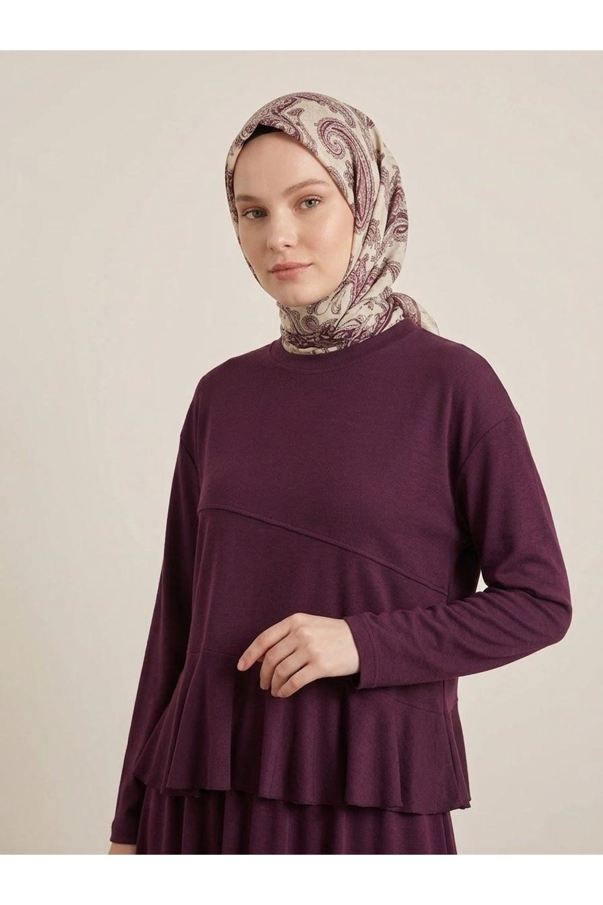 EİT00135-BRD Volanlı Etekli Takım-Bordo