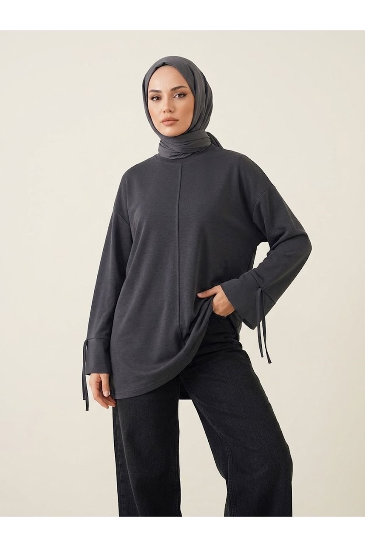 TUN05998-SYH Kol Biye Detay Pike Tunik-Siyah