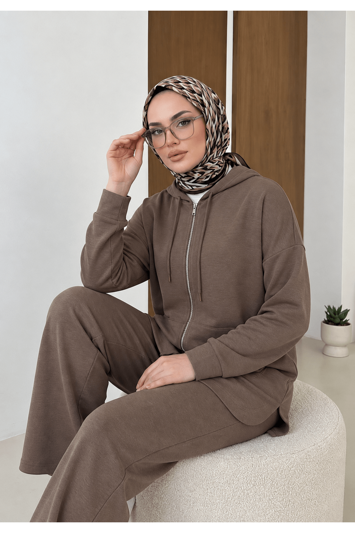 PİT00538-P102 Cep Detay Fermurlı Kapşonlu Takım-Açık Kahve