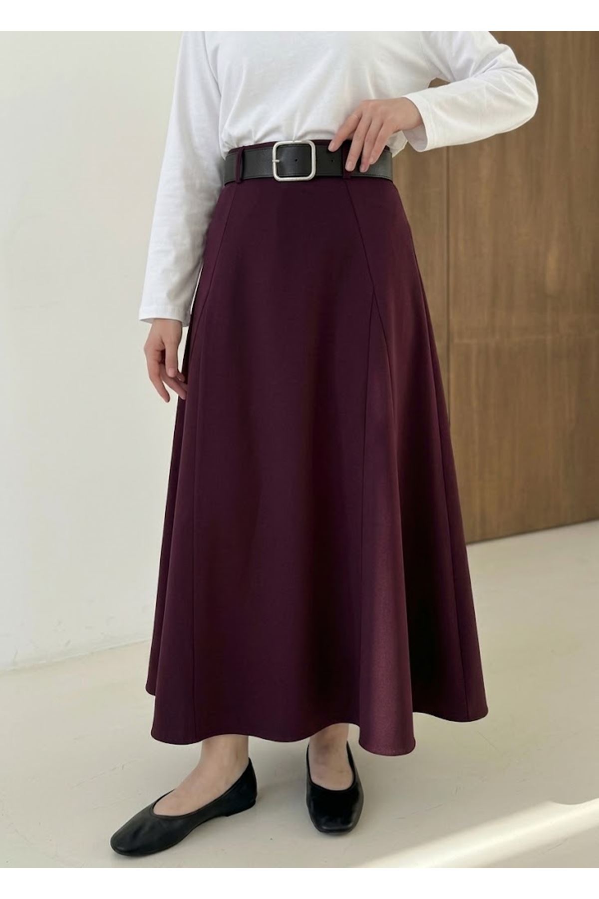 MOE03049-BRD Kelebek Detaylı Dabıl Etek-Bordo