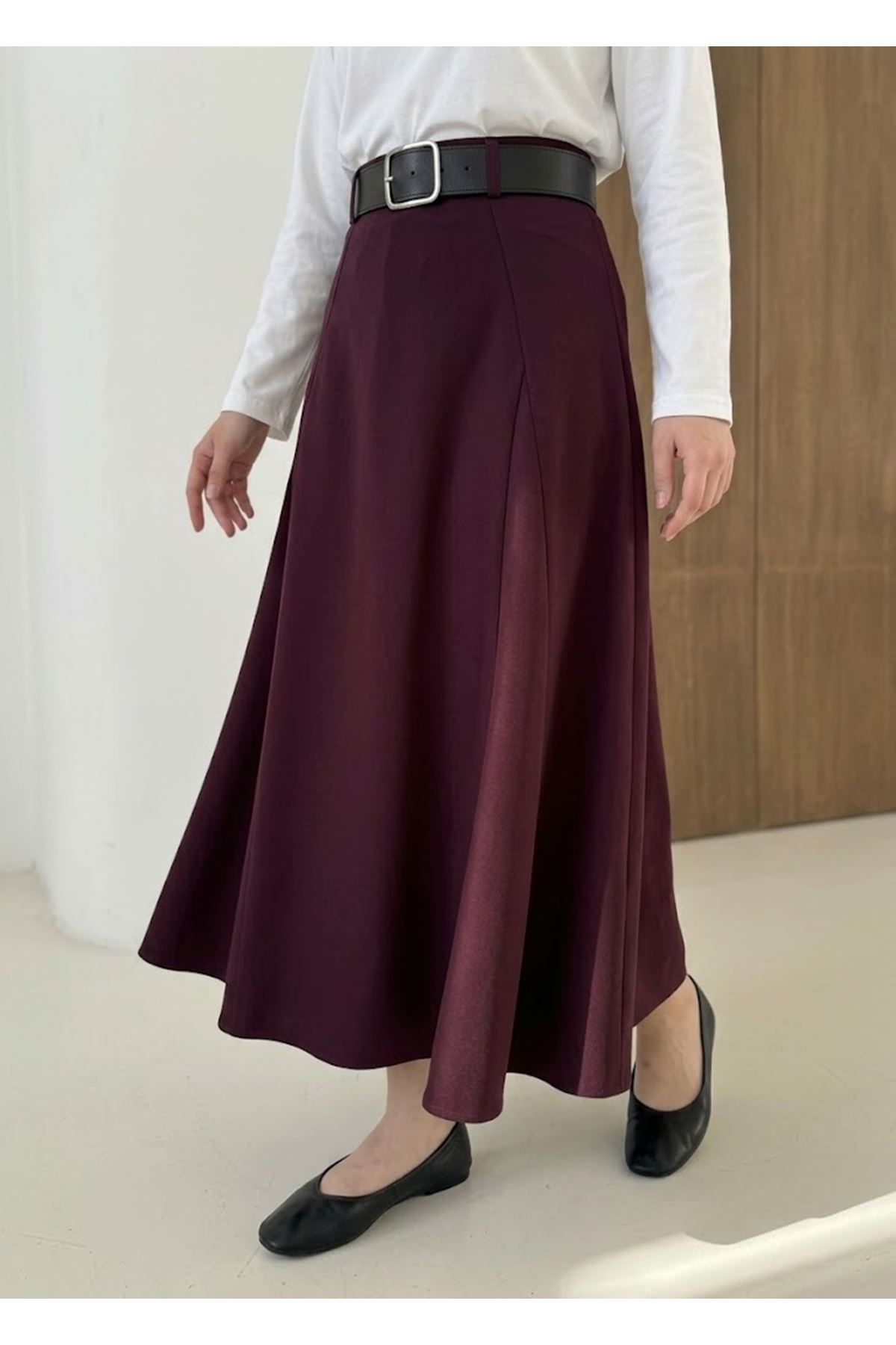 MOE03049-BRD Kelebek Detaylı Dabıl Etek-Bordo