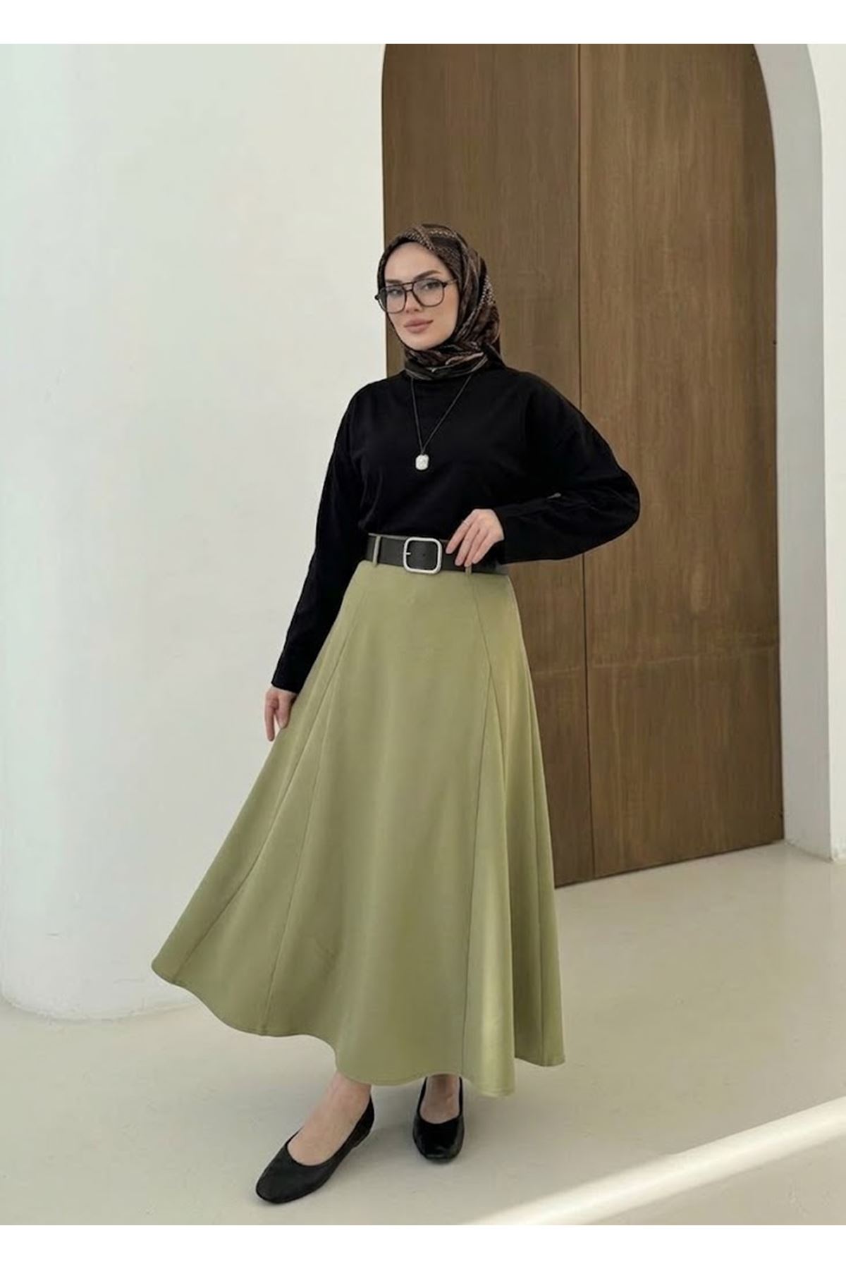 MOE03049-P83 Kelebek Detaylı Dabıl Etek-Açık Haki