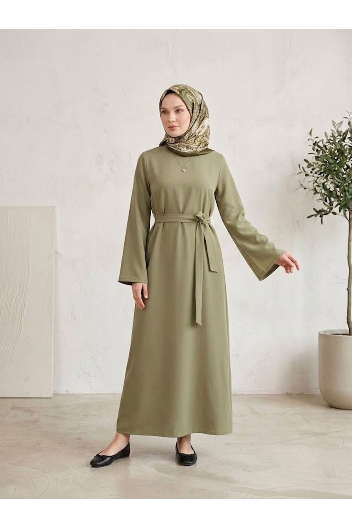 ELB04171-P83 Kuşak Detay Elbise-Açık Haki