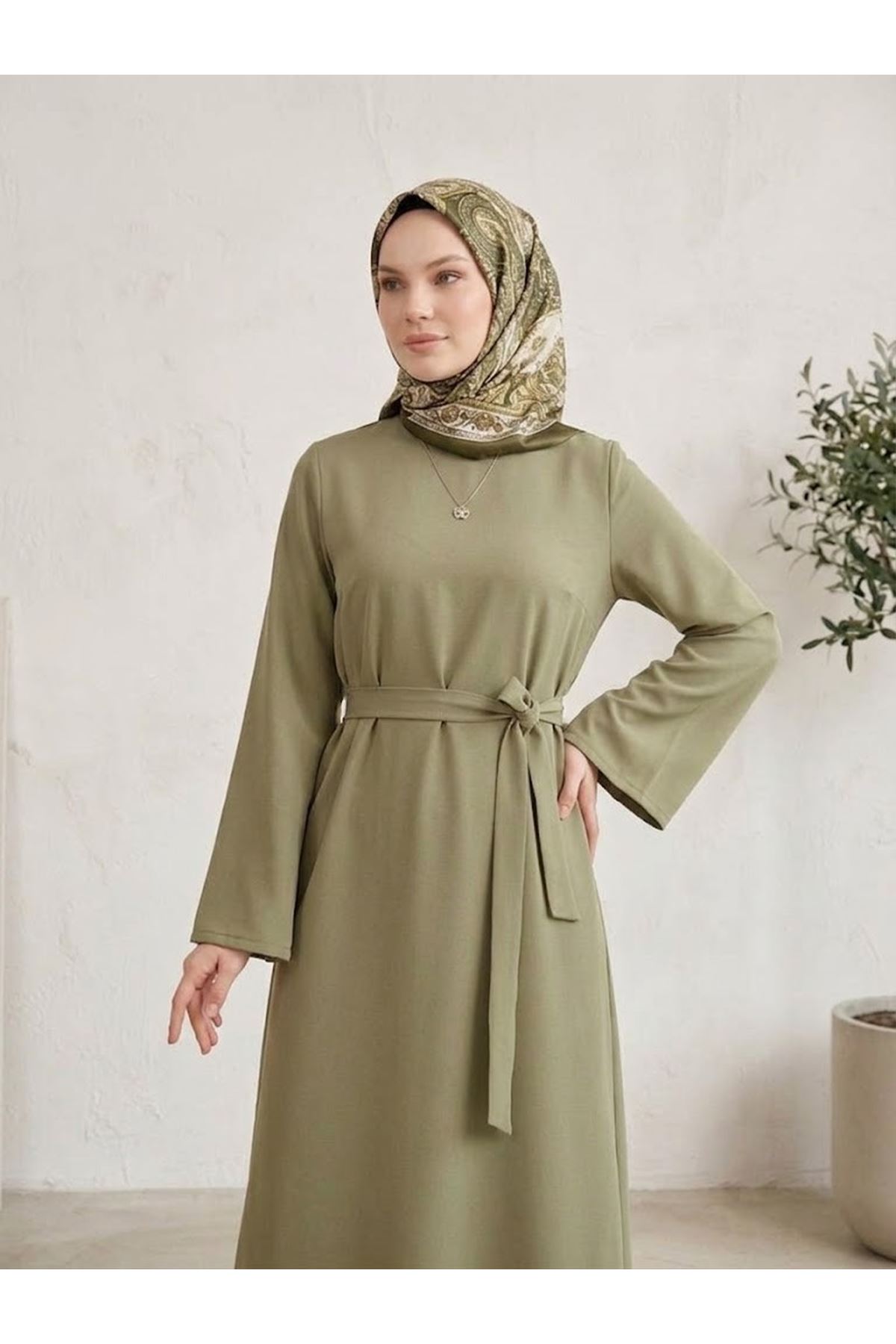 ELB04171-P83 Kuşak Detay Elbise-Açık Haki