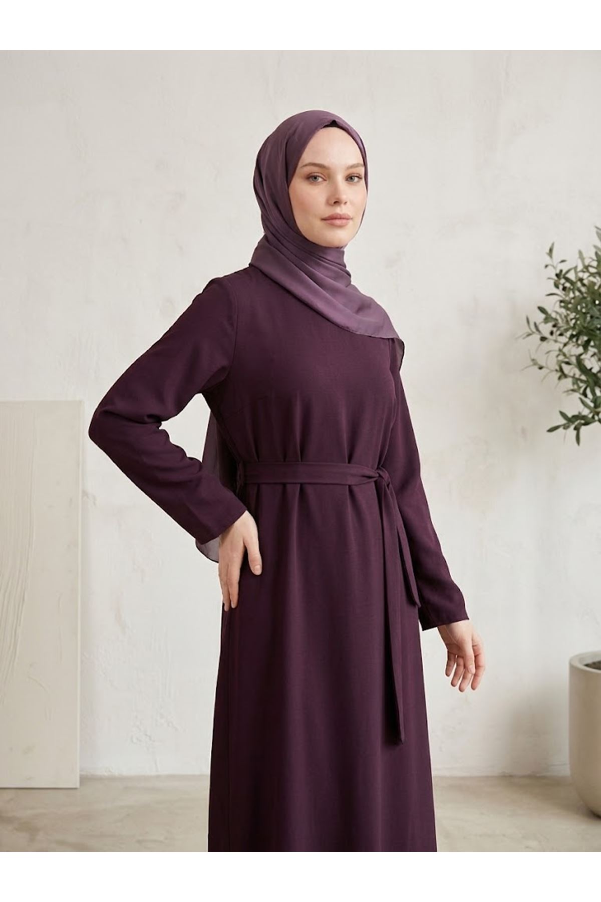 ELB04171-BRD Kuşak Detay Elbise-Bordo