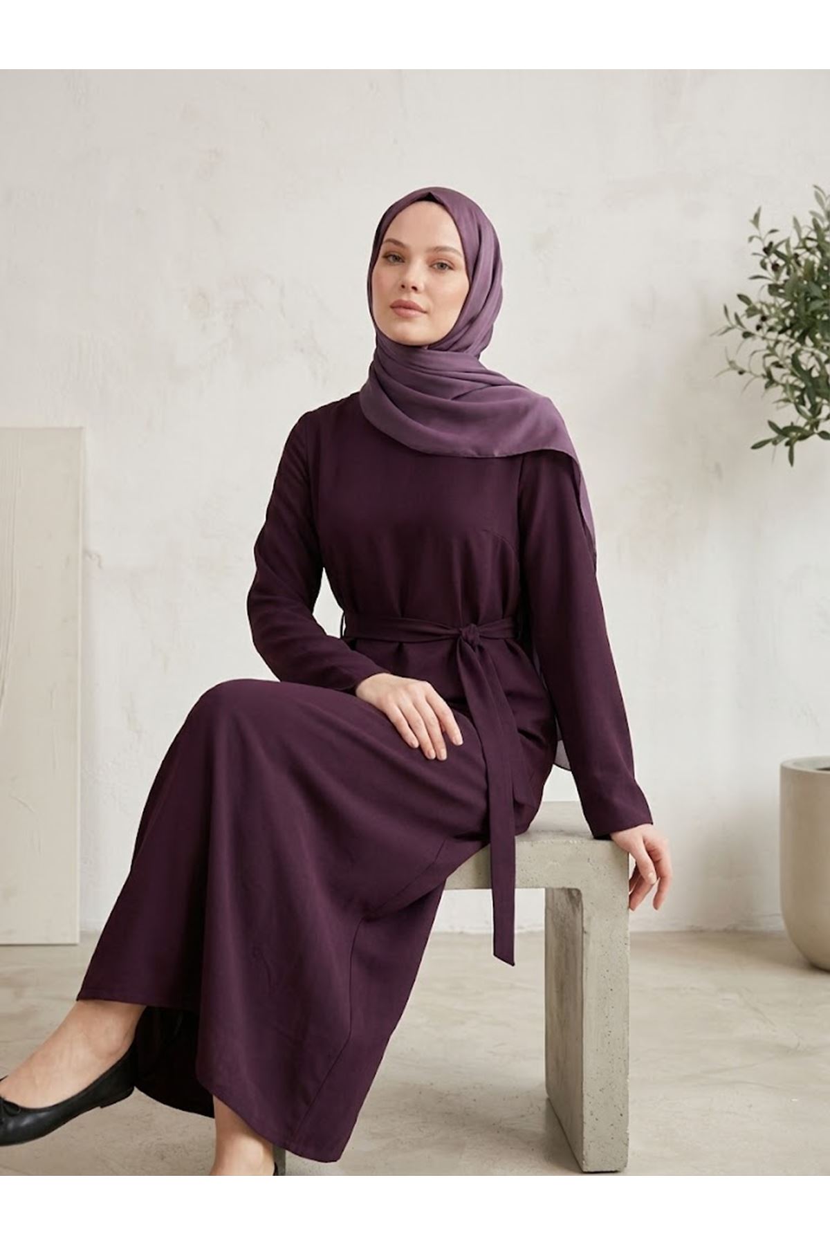 ELB04171-BRD Kuşak Detay Elbise-Bordo