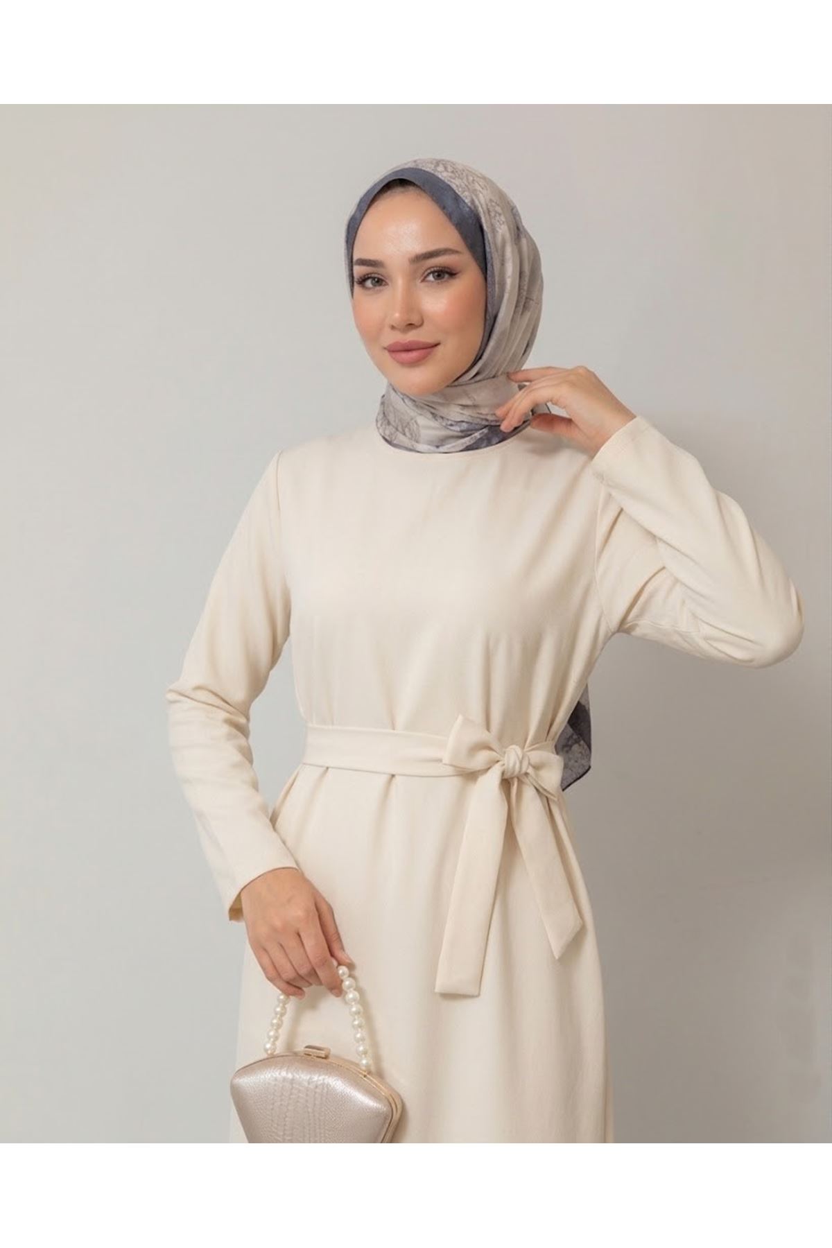 ELB04171-KRM Kuşak Detay Elbise-Krem
