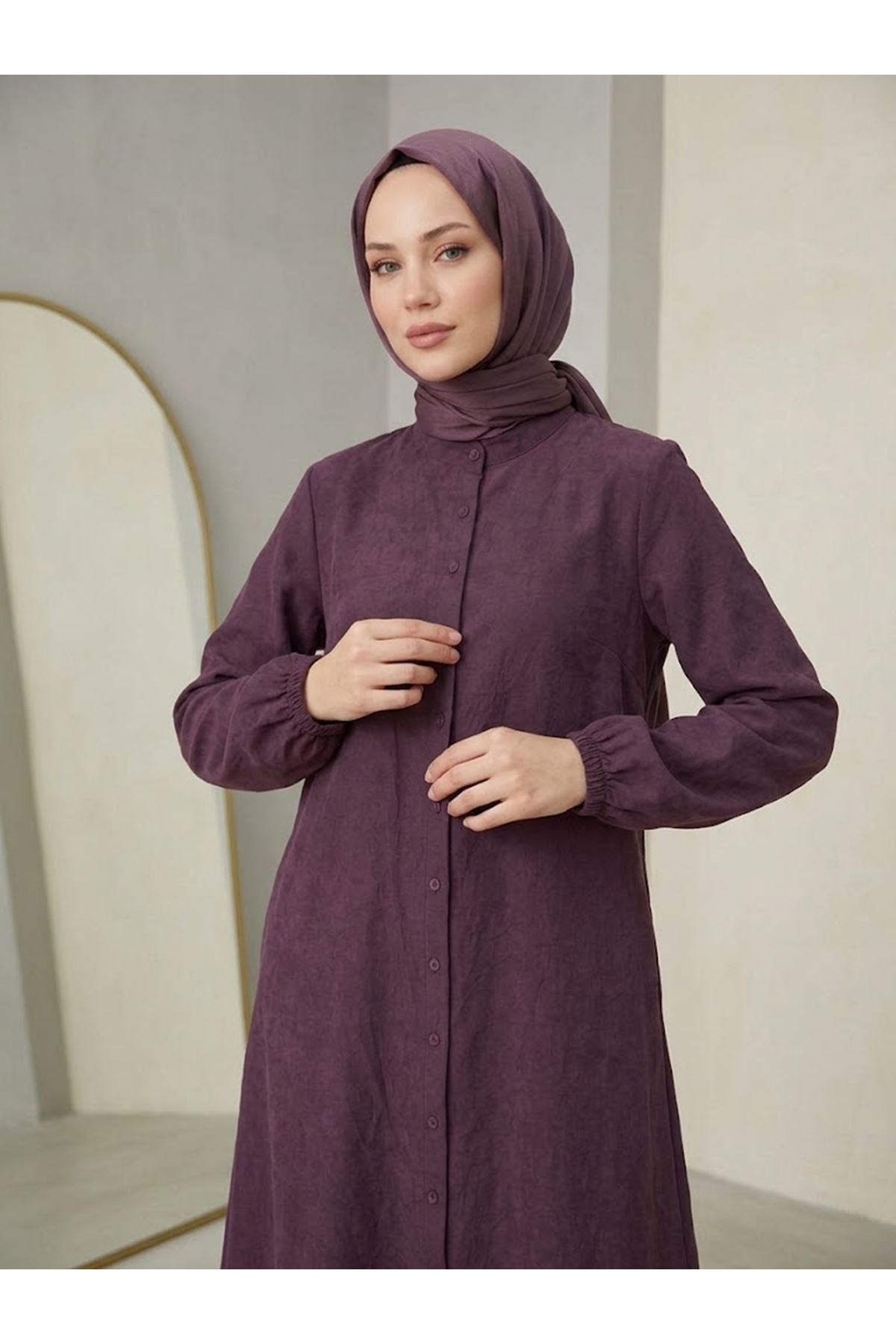 TUN06000-BRD Hakim Yaka Kraşlı Kupra Tunik-Bordo