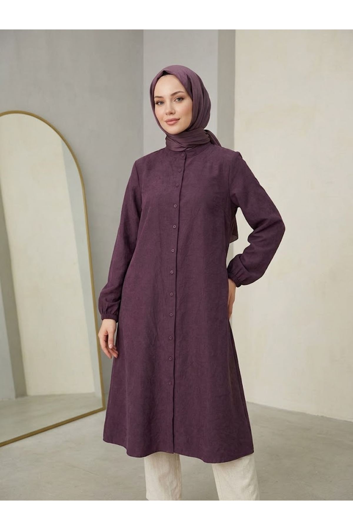 TUN06000-BRD Hakim Yaka Kraşlı Kupra Tunik-Bordo