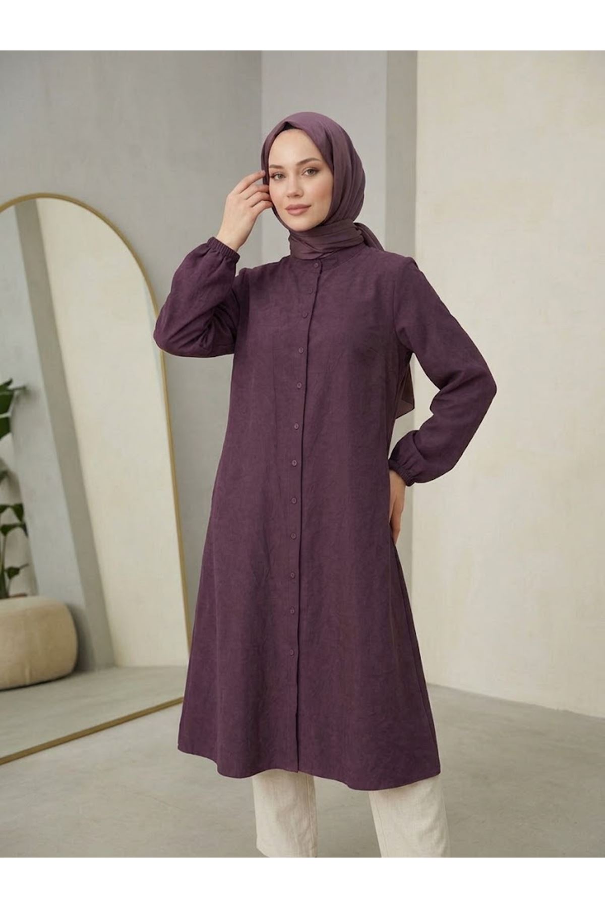 TUN06000-BRD Hakim Yaka Kraşlı Kupra Tunik-Bordo