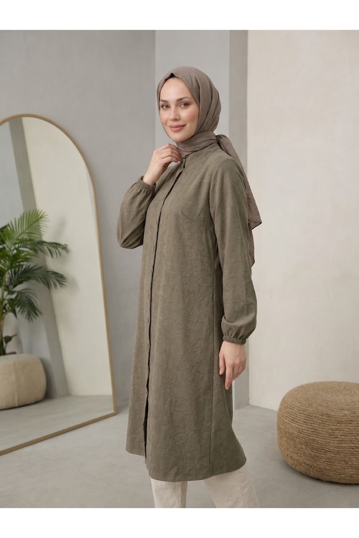 TUN06000-HKİ Hakim Yaka Kraşlı Kupra Tunik-Haki