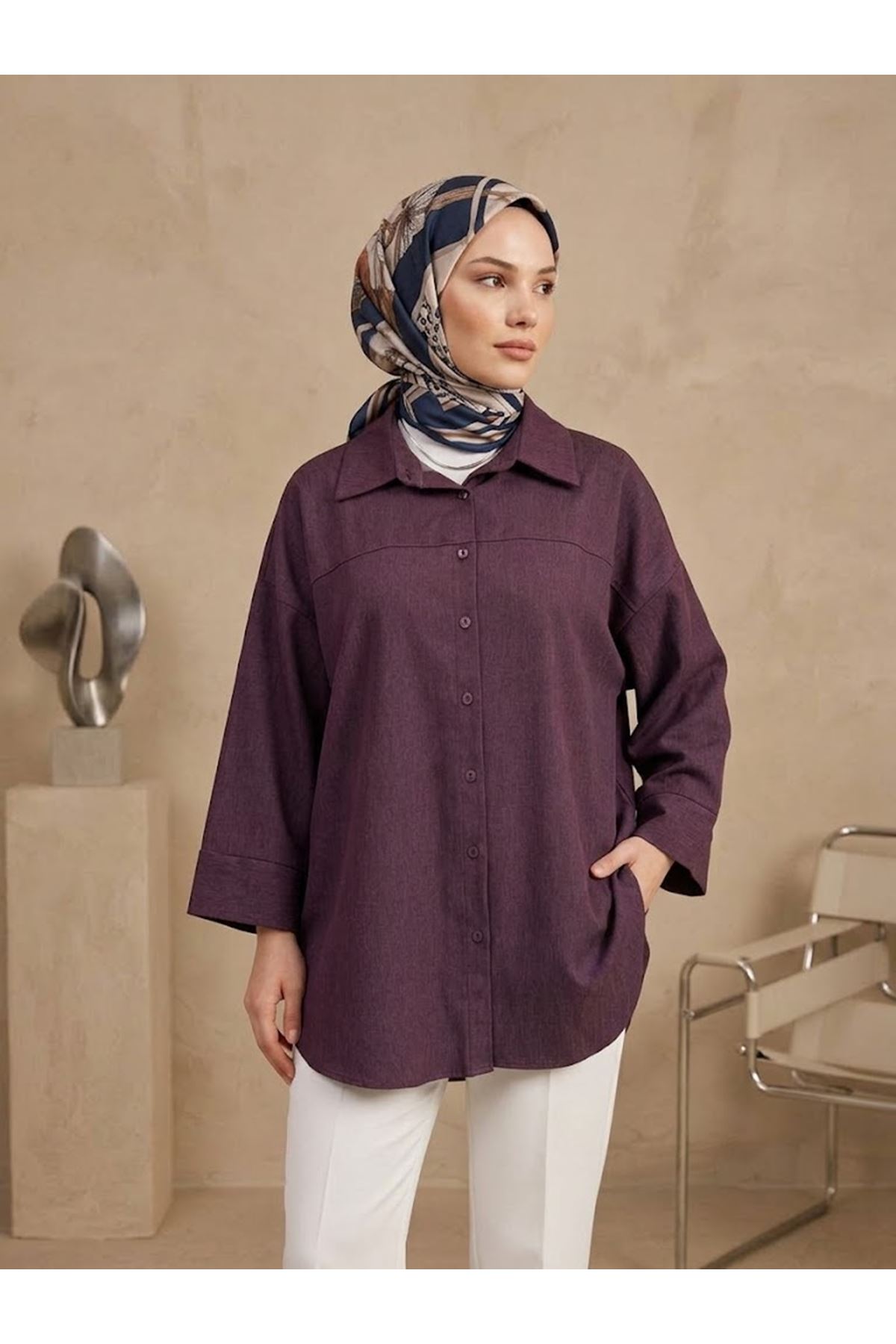 TUN06001-BRD Takma Manşet Kot Tunik-Bordo