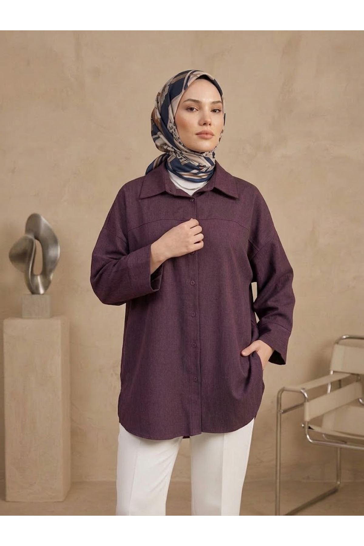 TUN06001-BRD Takma Manşet Kot Tunik-Bordo