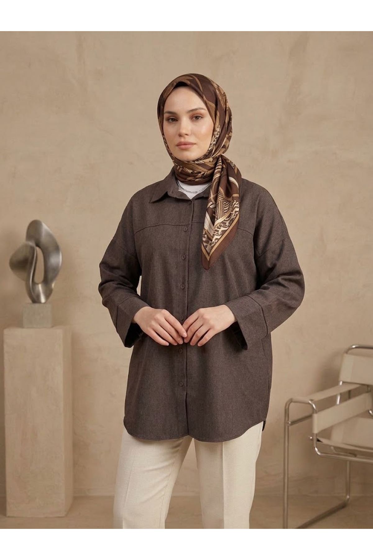 TUN06001-KHV Takma Manşet Kot Tunik-Kahve