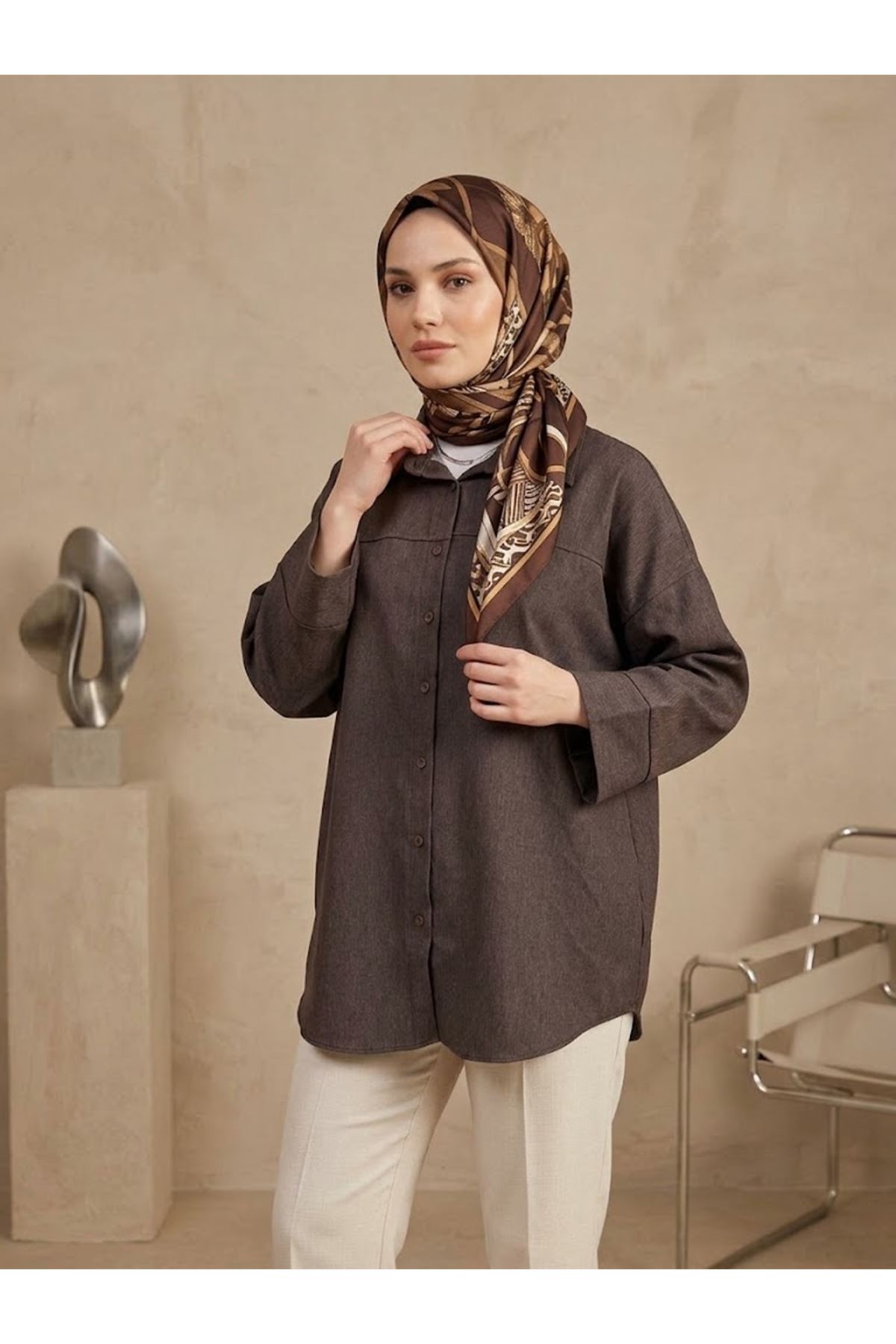 TUN06001-KHV Takma Manşet Kot Tunik-Kahve