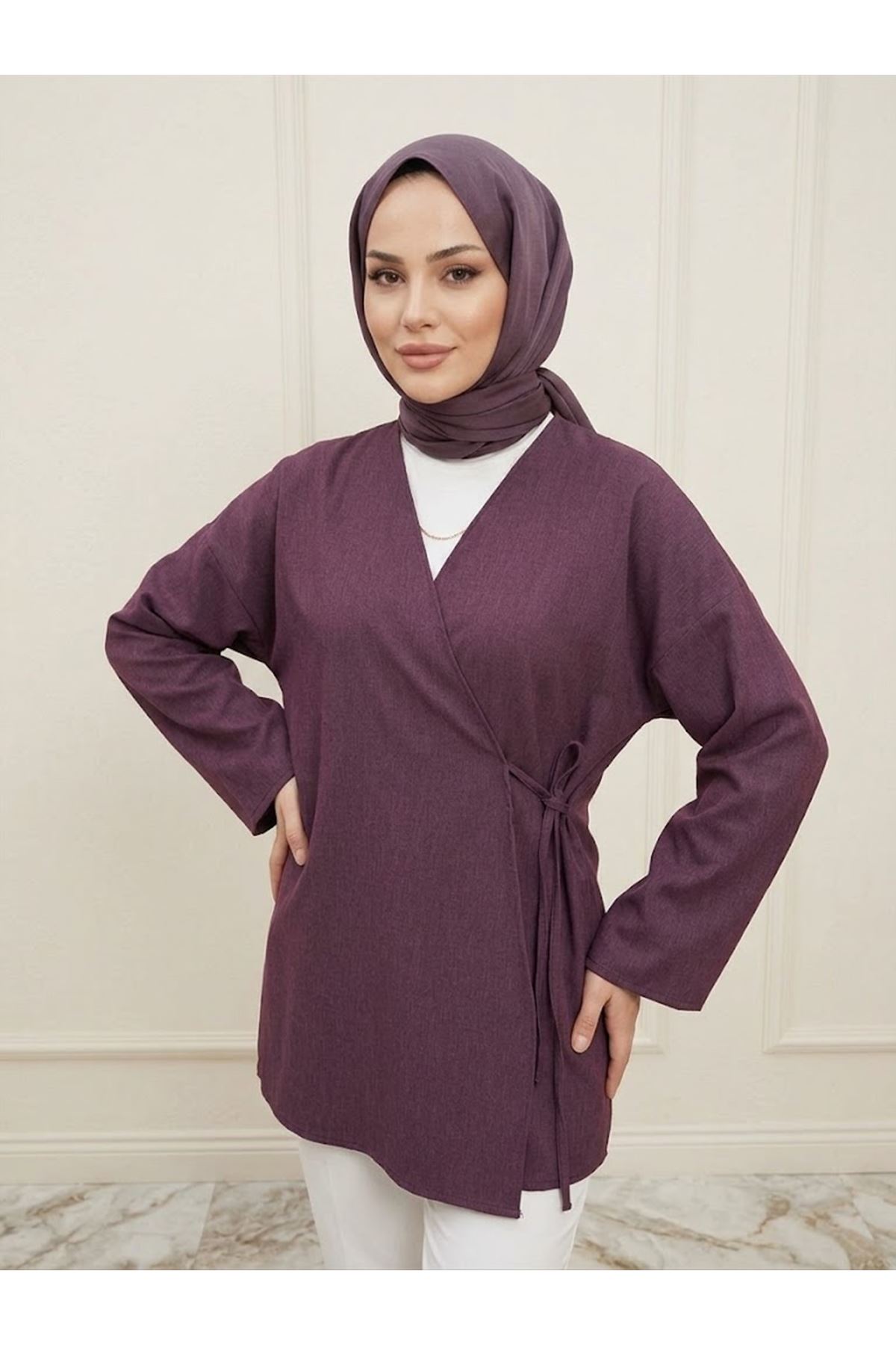 TUN06002-BRD Yan Bağlamalı Kot Tunik-Bordo