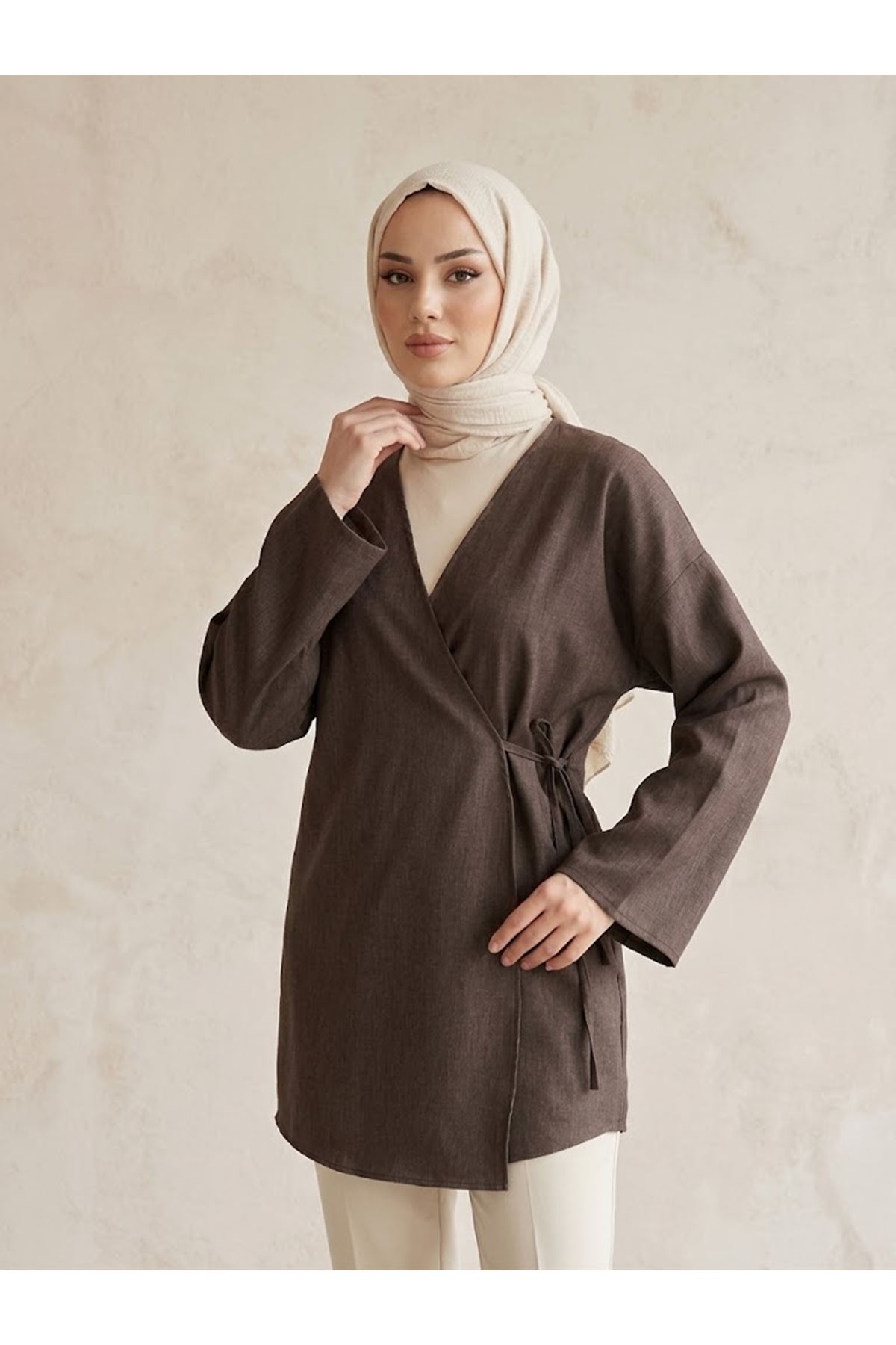 TUN06002-KHV Yan Bağlamalı Kot Tunik-Kahve