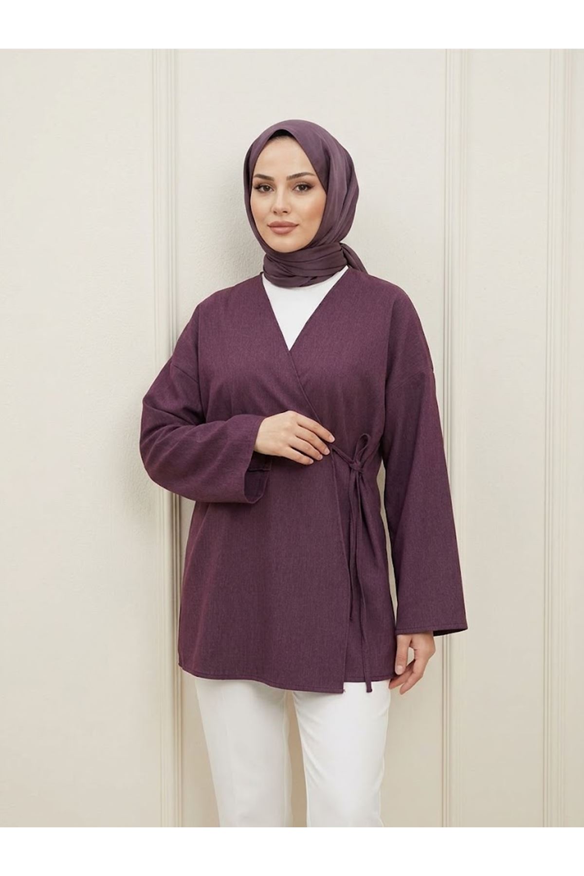 TUN06002-BRD Yan Bağlamalı Kot Tunik-Bordo