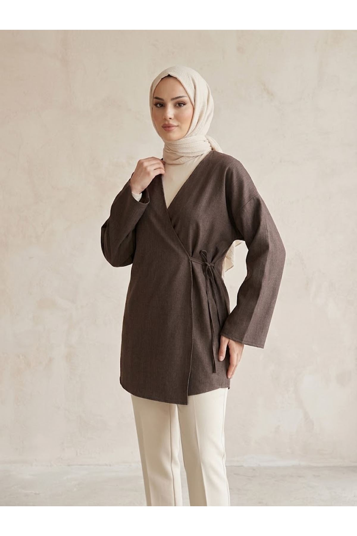 TUN06002-KHV Yan Bağlamalı Kot Tunik-Kahve