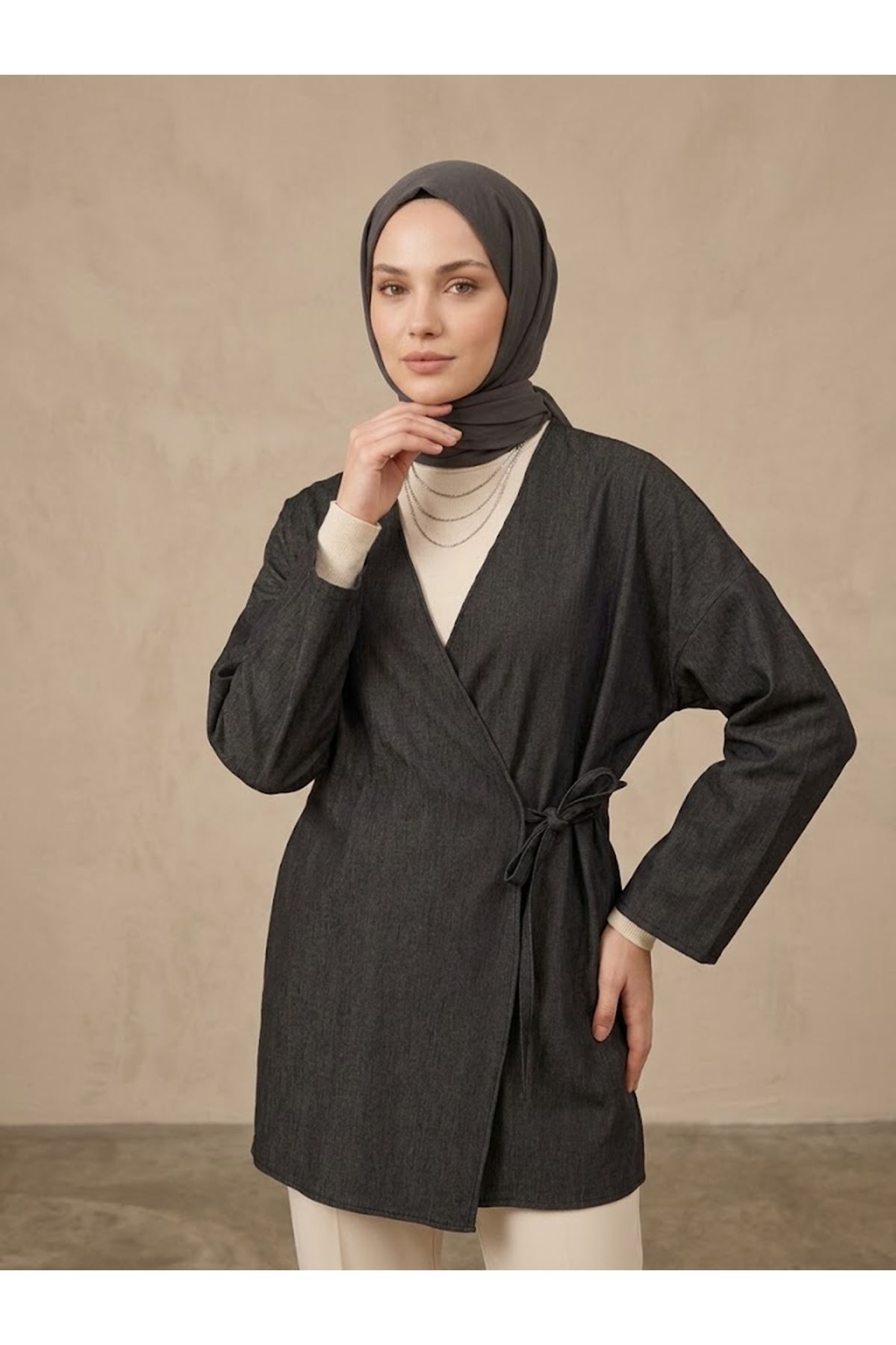 TUN06002-SYH Yan Bağlamalı Kot Tunik-Siyah