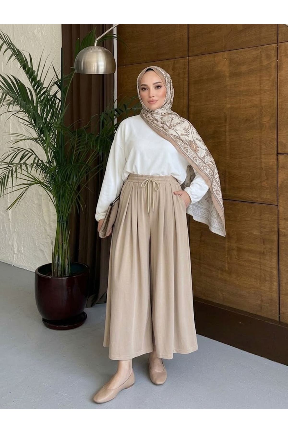PNT01578-BEJ Bel Lastik Pileli Pantolon-Bej