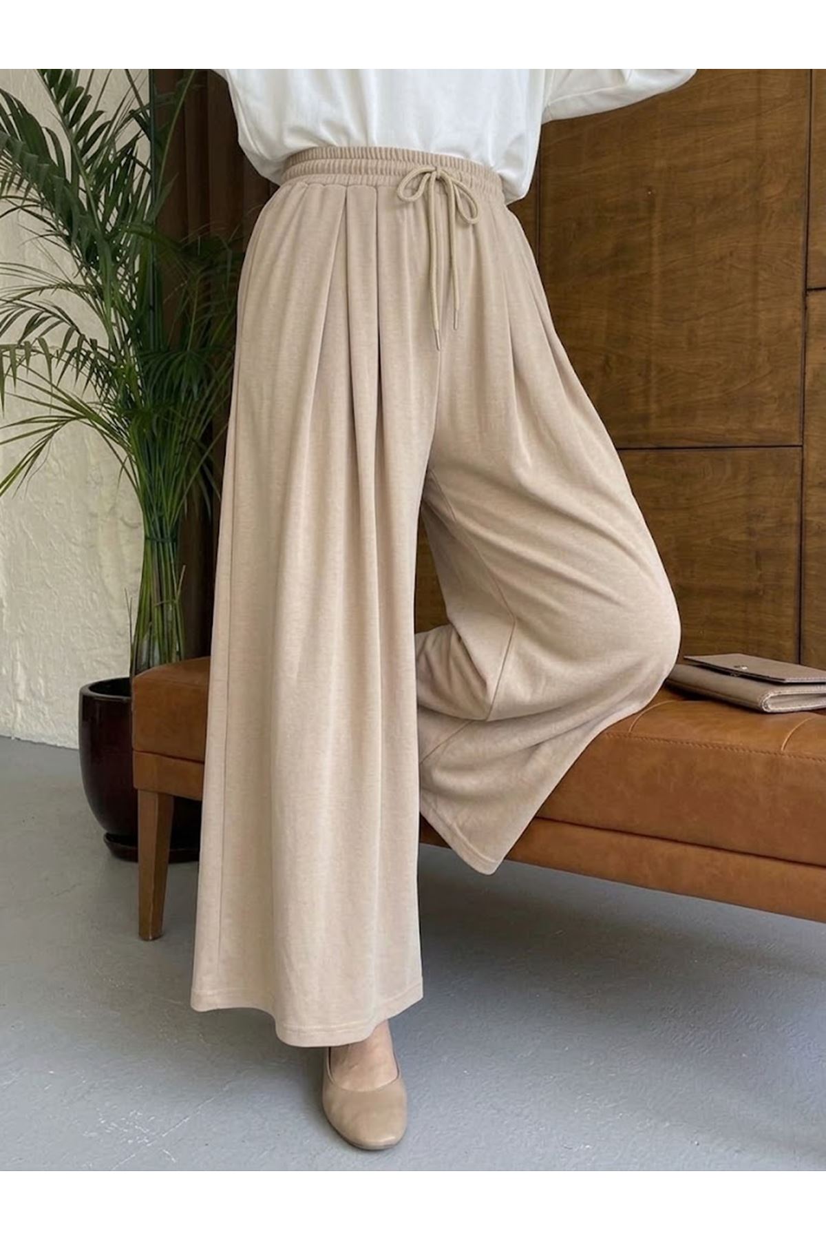 PNT01578-BEJ Bel Lastik Pileli Pantolon-Bej