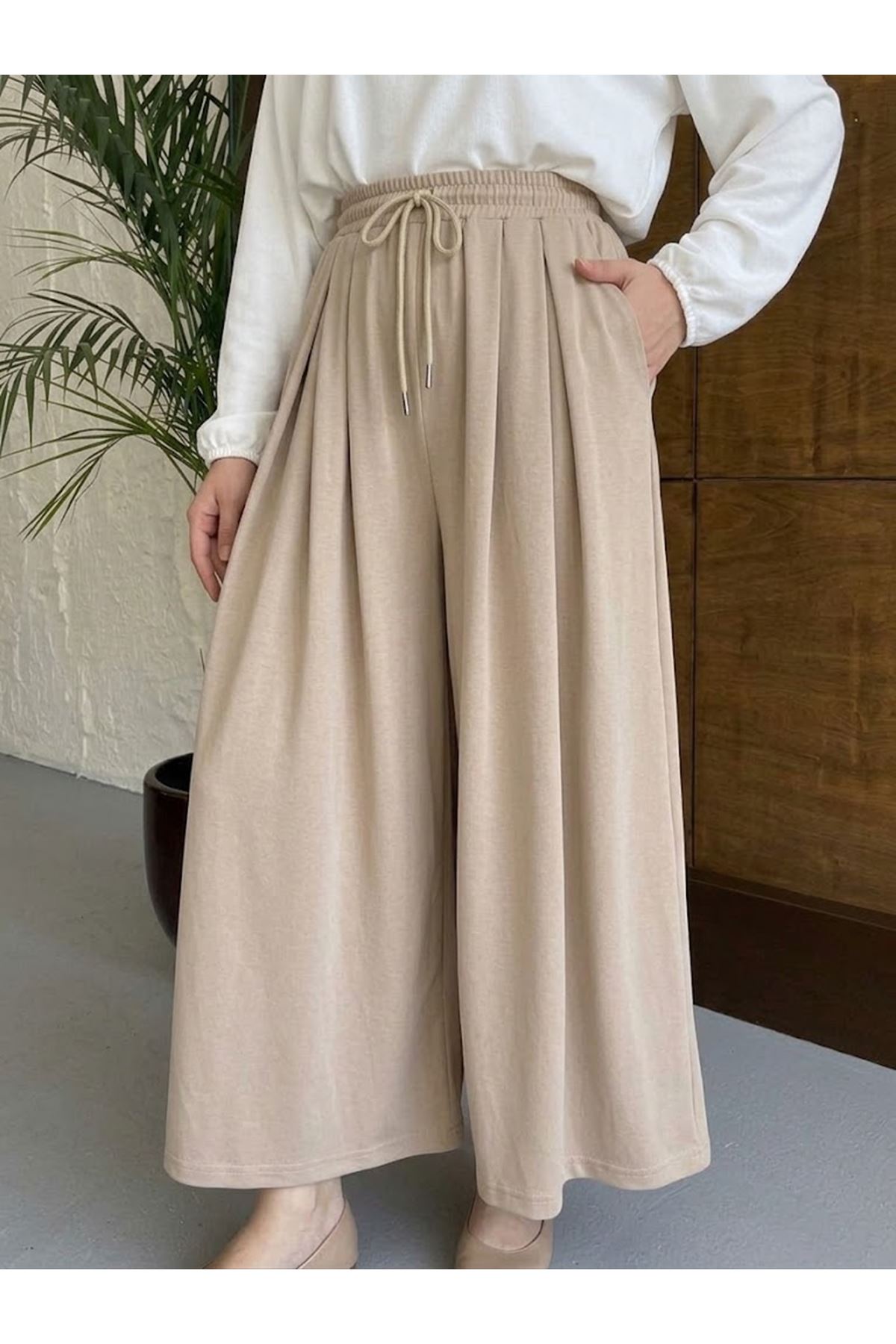 PNT01578-BEJ Bel Lastik Pileli Pantolon-Bej