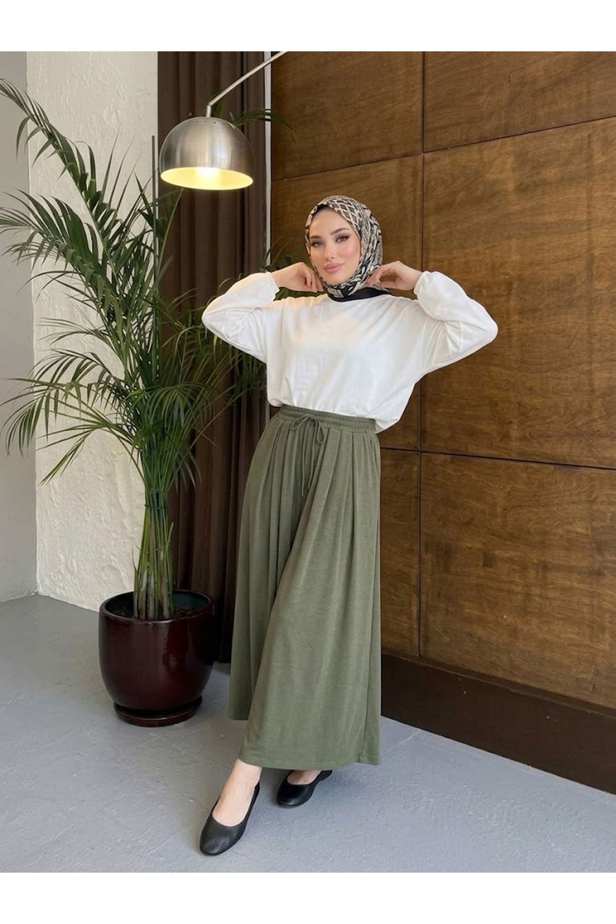 PNT01578-HKİ Bel Lastik Pileli Pantolon-Haki