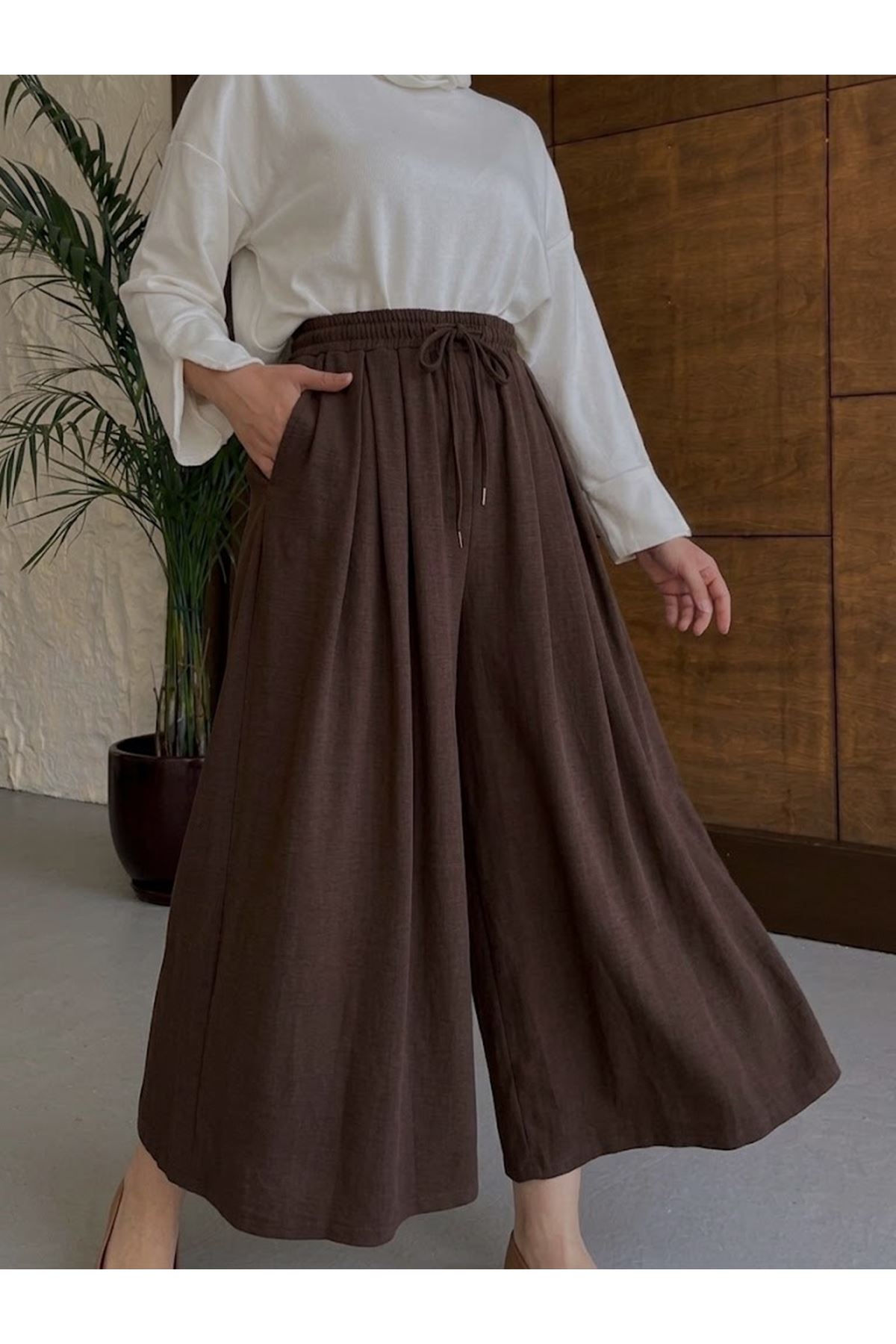 PNT01578-KHV Bel Lastik Pileli Pantolon-Kahve