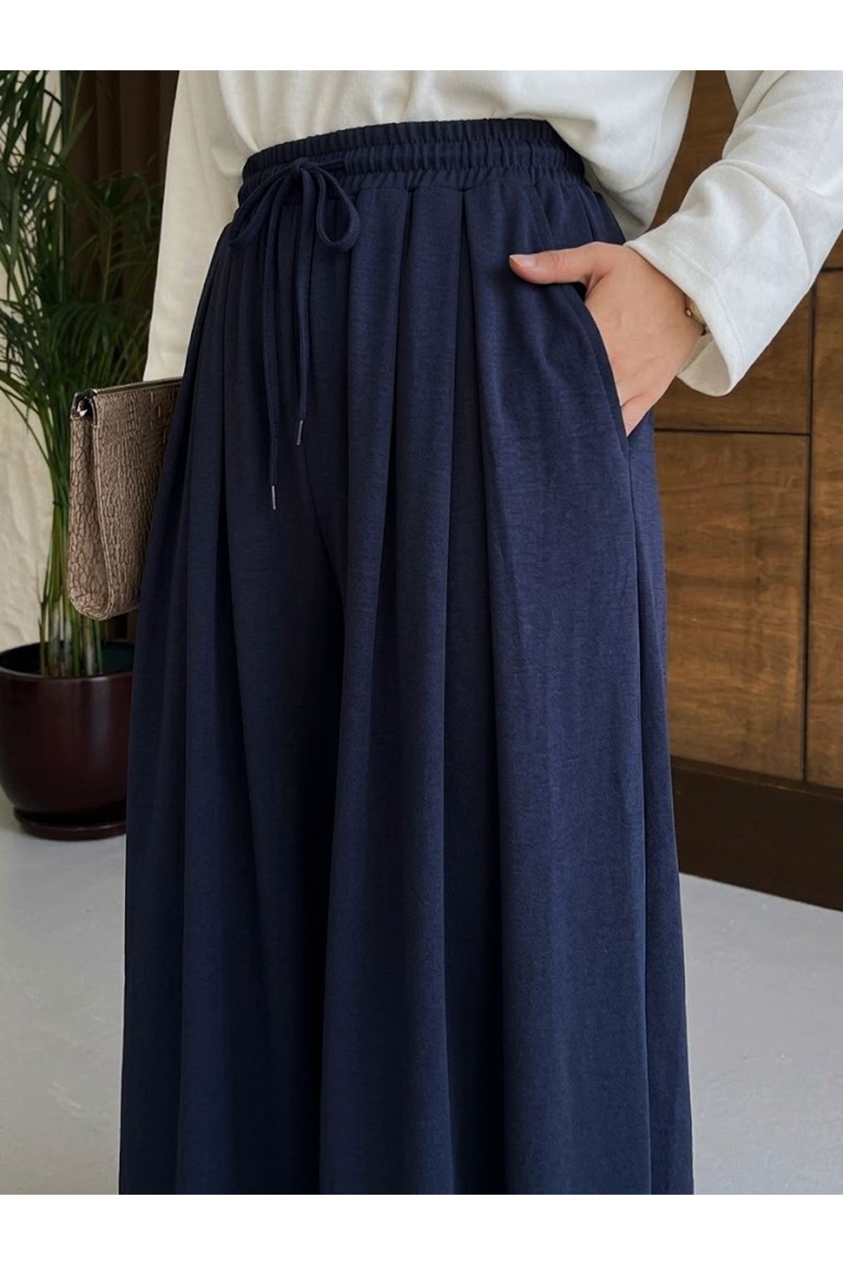 PNT01578-LCV Bel Lastik Pileli Pantolon-Lacivert
