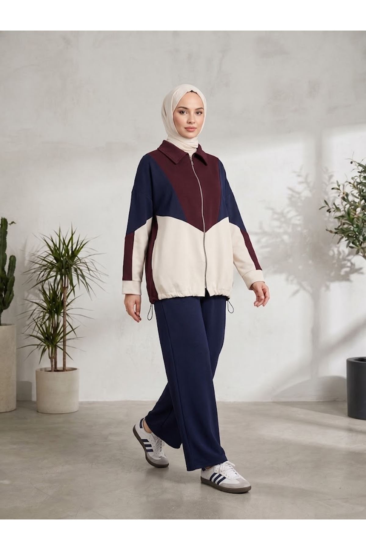 PİT00541-BRD Garni Detay Fermuarlı Pantolonlu Takım-Bordo