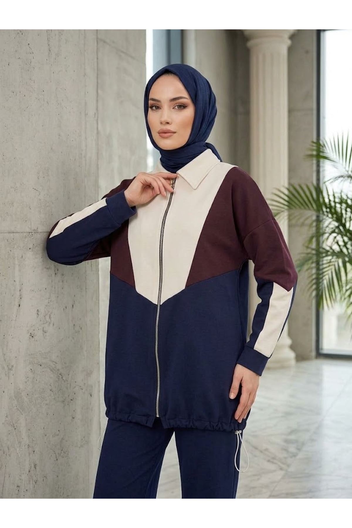 PİT00541-KRM Garni Detay Fermuarlı Pantolonlu Takım-Krem