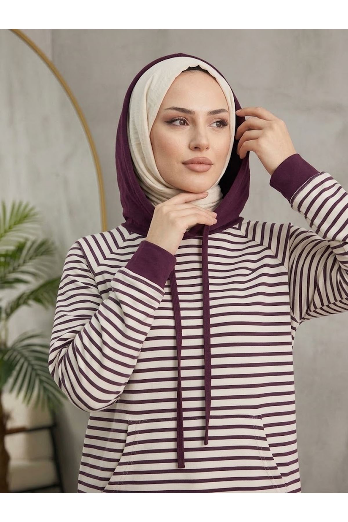 TUN06005-MRD Kapşonlu Çizgili Tunik-Mürdüm