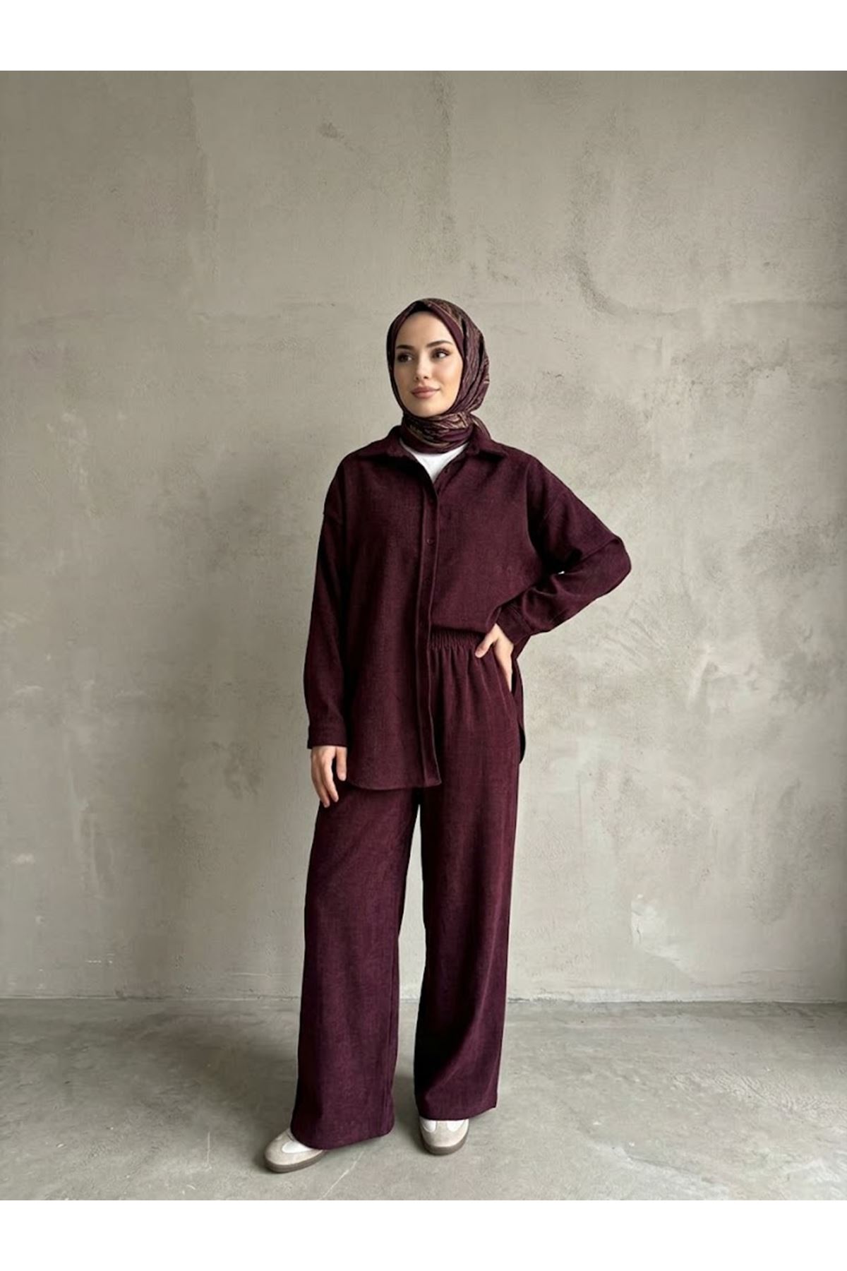 PİT00545-BRD Denim Modal Pantolonlu Takım-Bordo