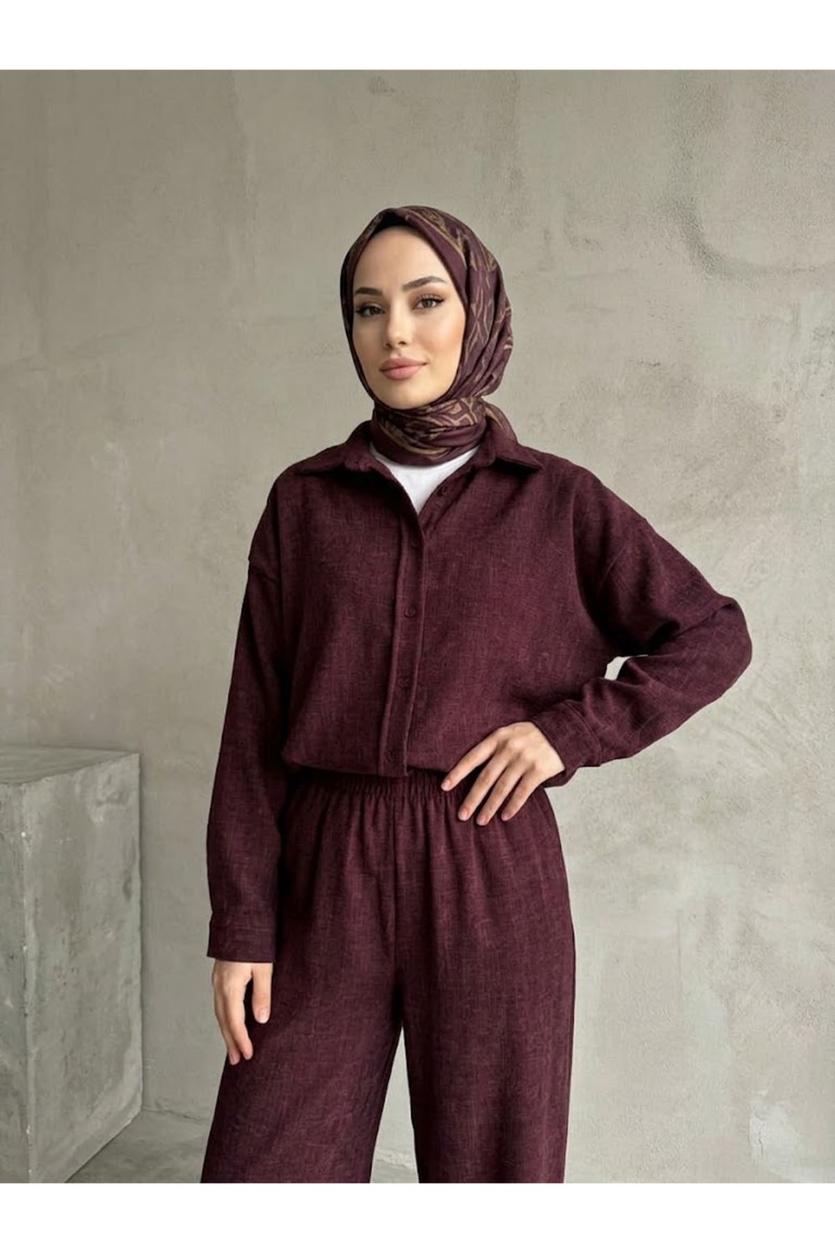 PİT00545-BRD Denim Modal Pantolonlu Takım-Bordo