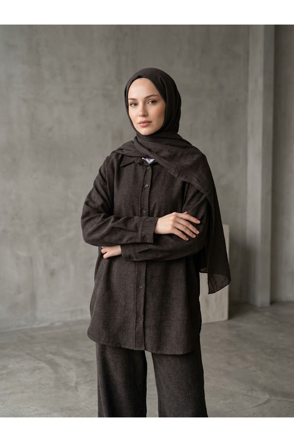 PİT00545-KHV Denim Modal Pantolonlu Takım-Kahve
