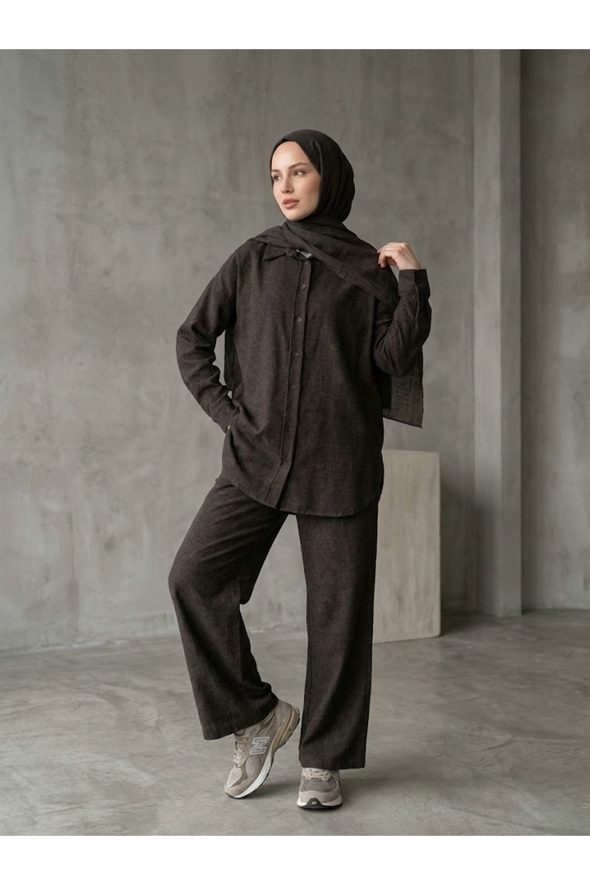 PİT00545-KHV Denim Modal Pantolonlu Takım-Kahve