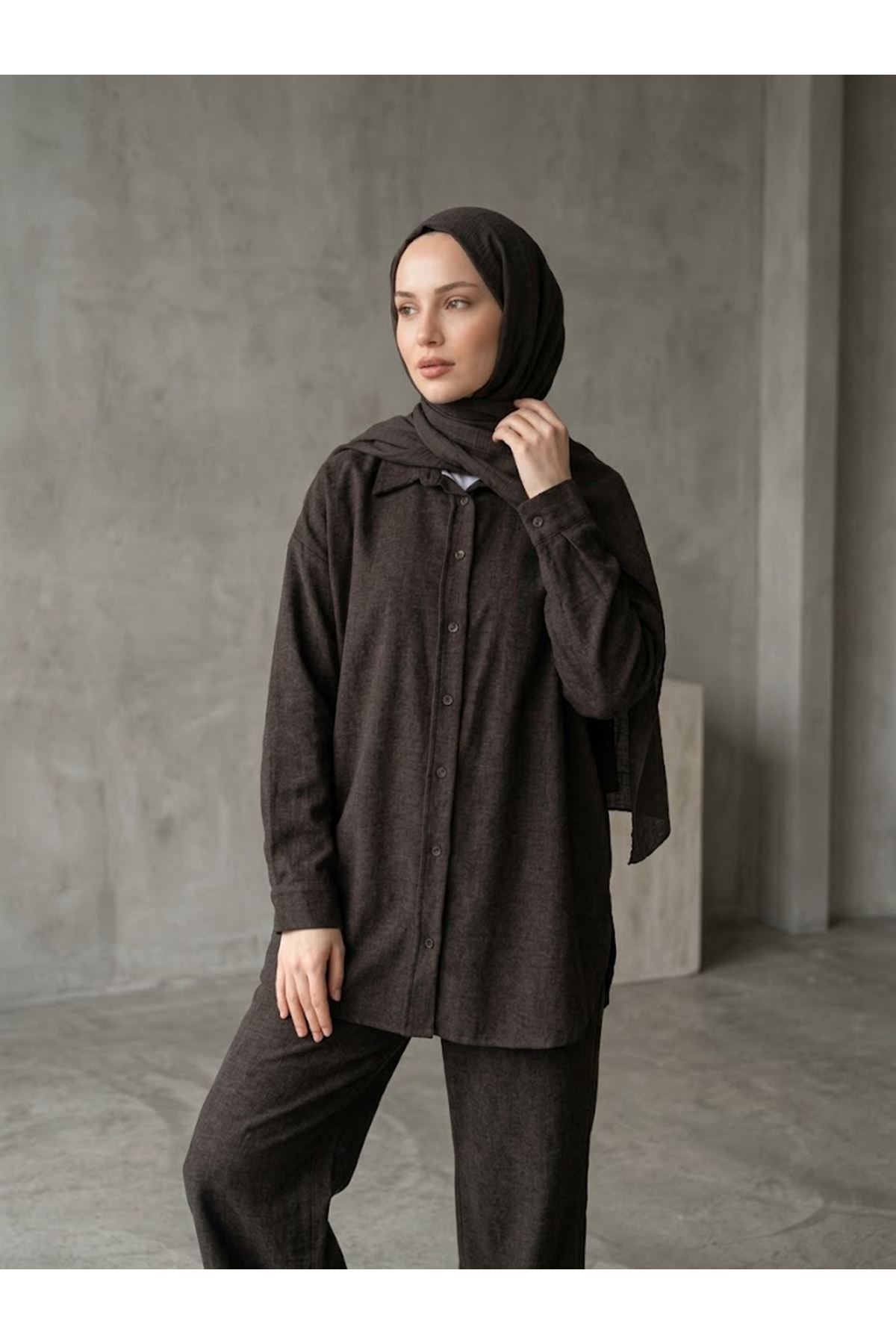 PİT00545-KHV Denim Modal Pantolonlu Takım-Kahve